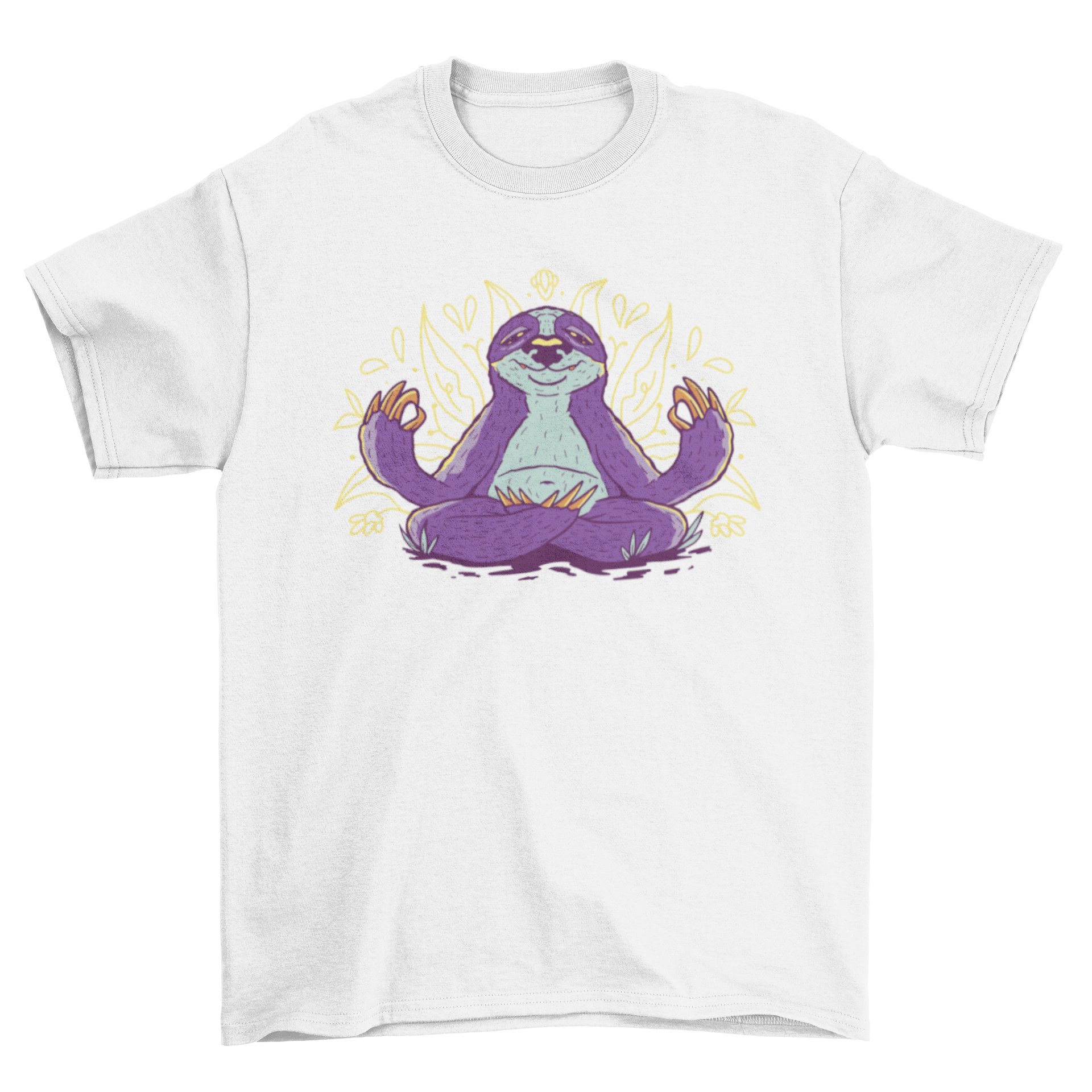 A fun t-shirt featuring a sloth in a meditative pose, showcasing relaxation and tranquility.