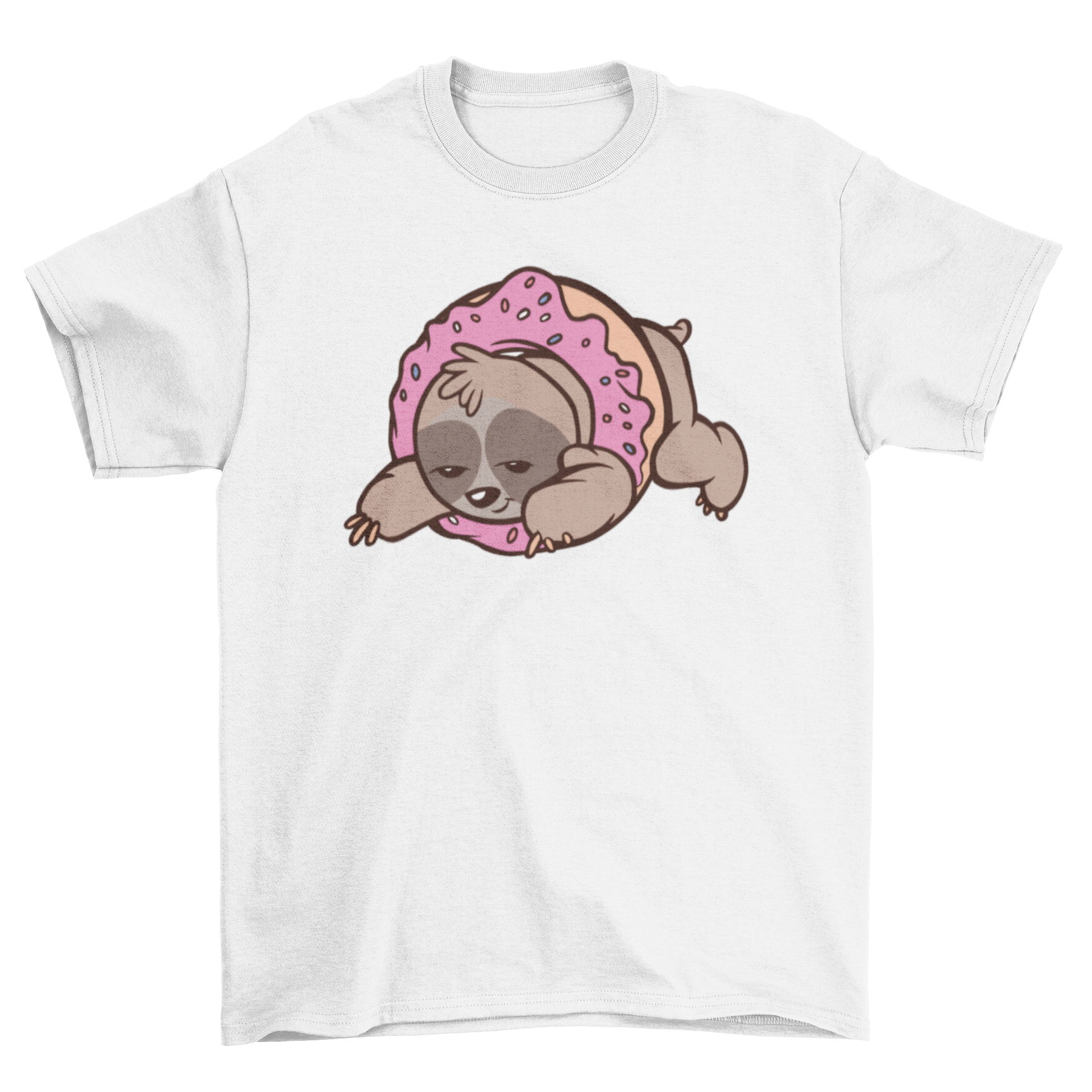 A cute t-shirt featuring a sloth inside a colorful donut illustration, perfect for casual wear.