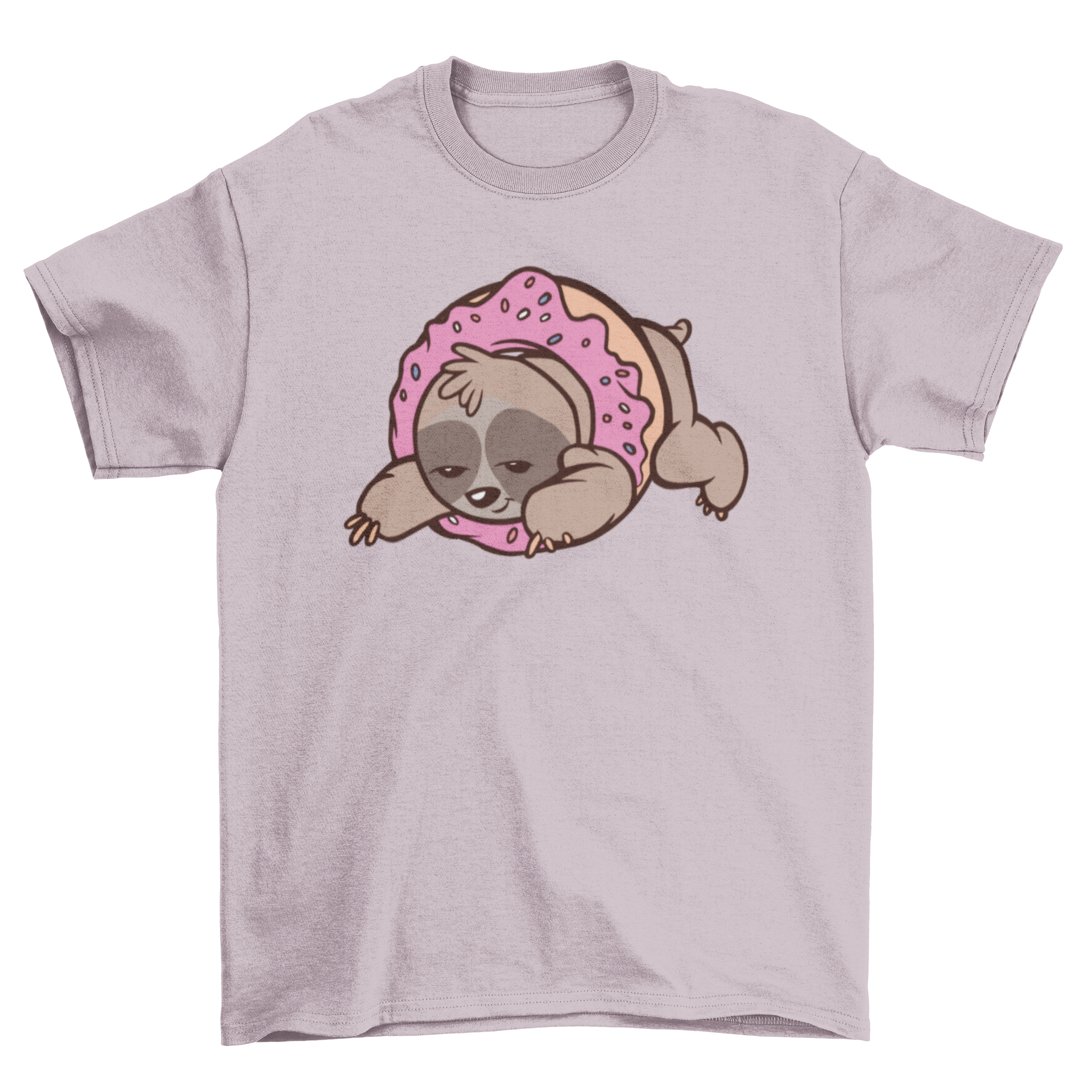 A cute t-shirt featuring a sloth inside a colorful donut illustration, perfect for casual wear.