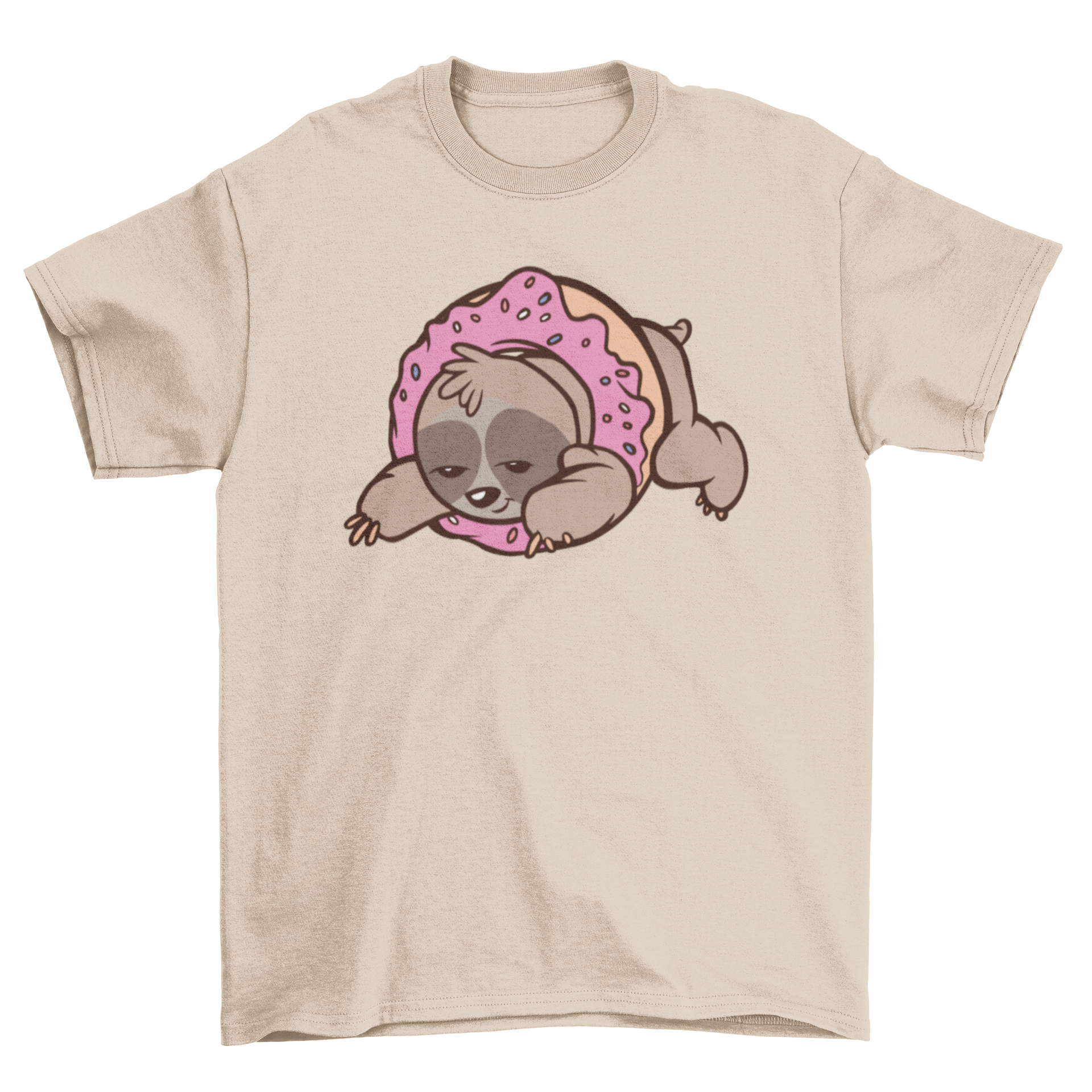 A cute t-shirt featuring a sloth inside a colorful donut illustration, perfect for casual wear.