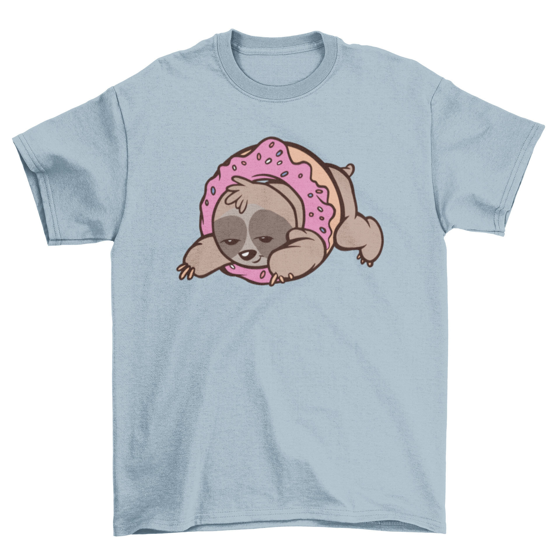 A cute t-shirt featuring a sloth inside a colorful donut illustration, perfect for casual wear.