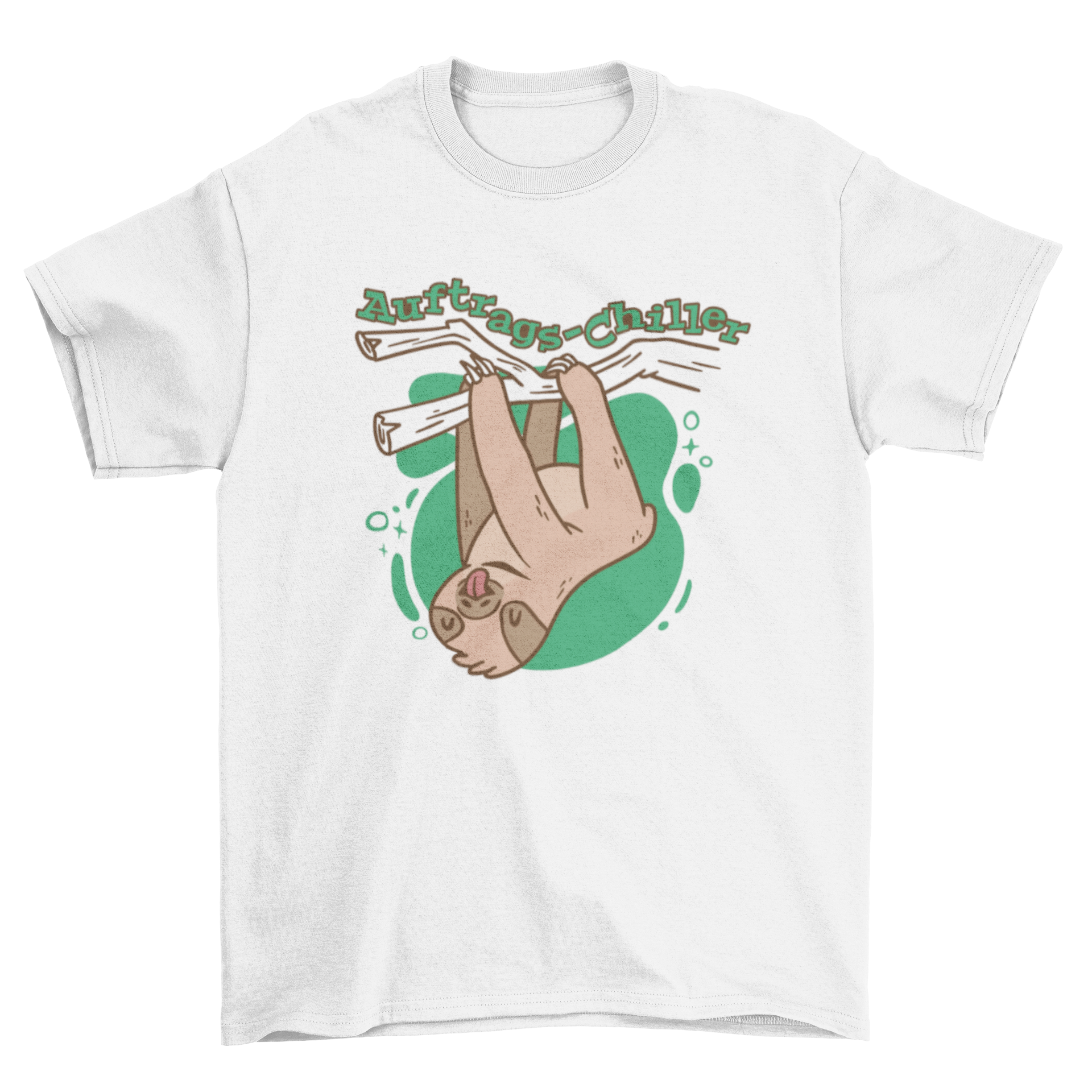 Adorable sloth hanging upside down from a tree on a t-shirt design, showcasing its playful nature.