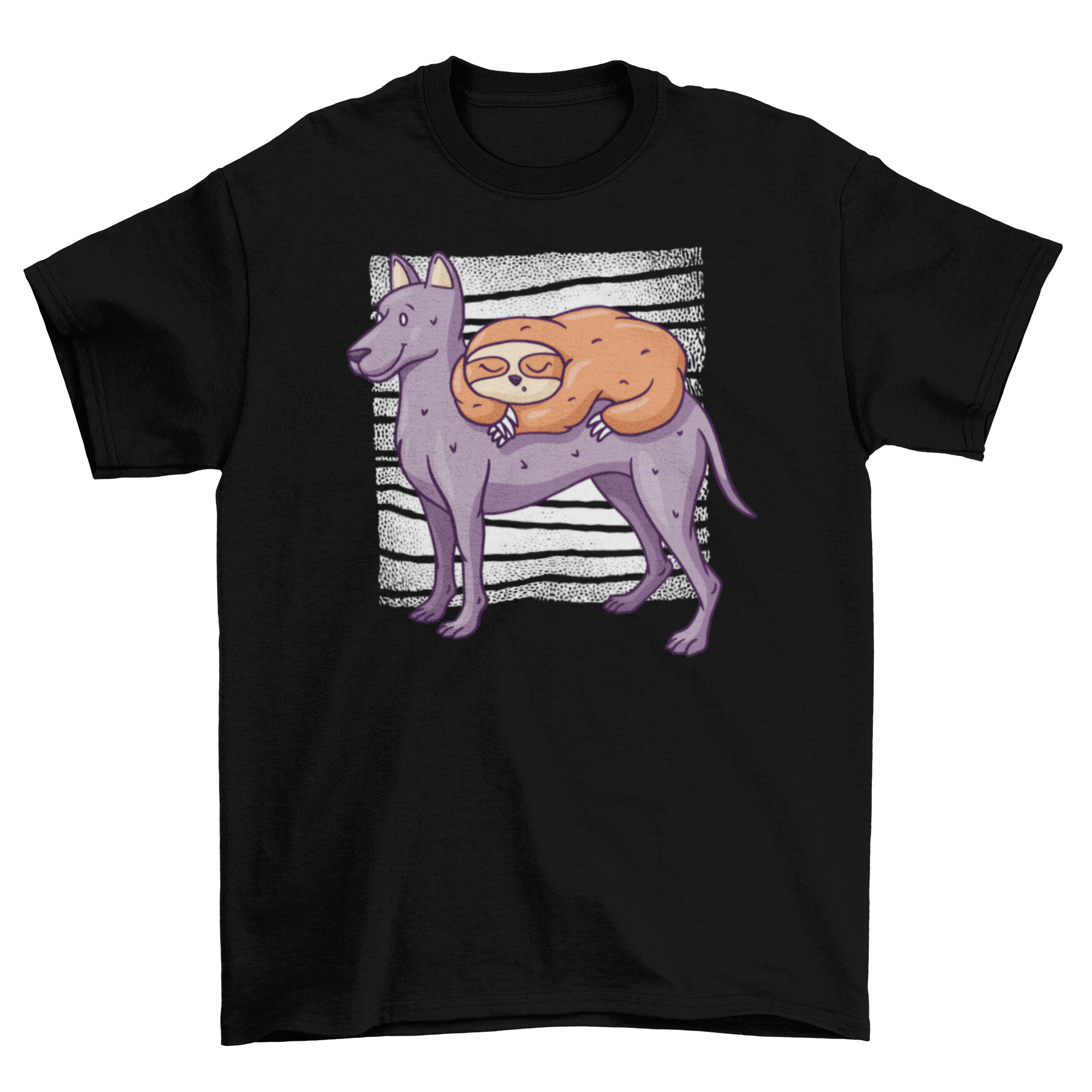 A cute T-shirt featuring a sloth sleeping on a dog, showcasing a whimsical animal design.