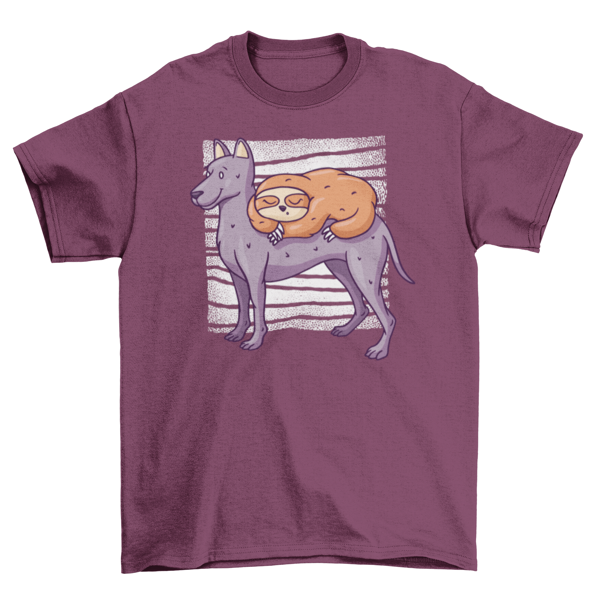 A cute T-shirt featuring a sloth sleeping on a dog, showcasing a whimsical animal design.