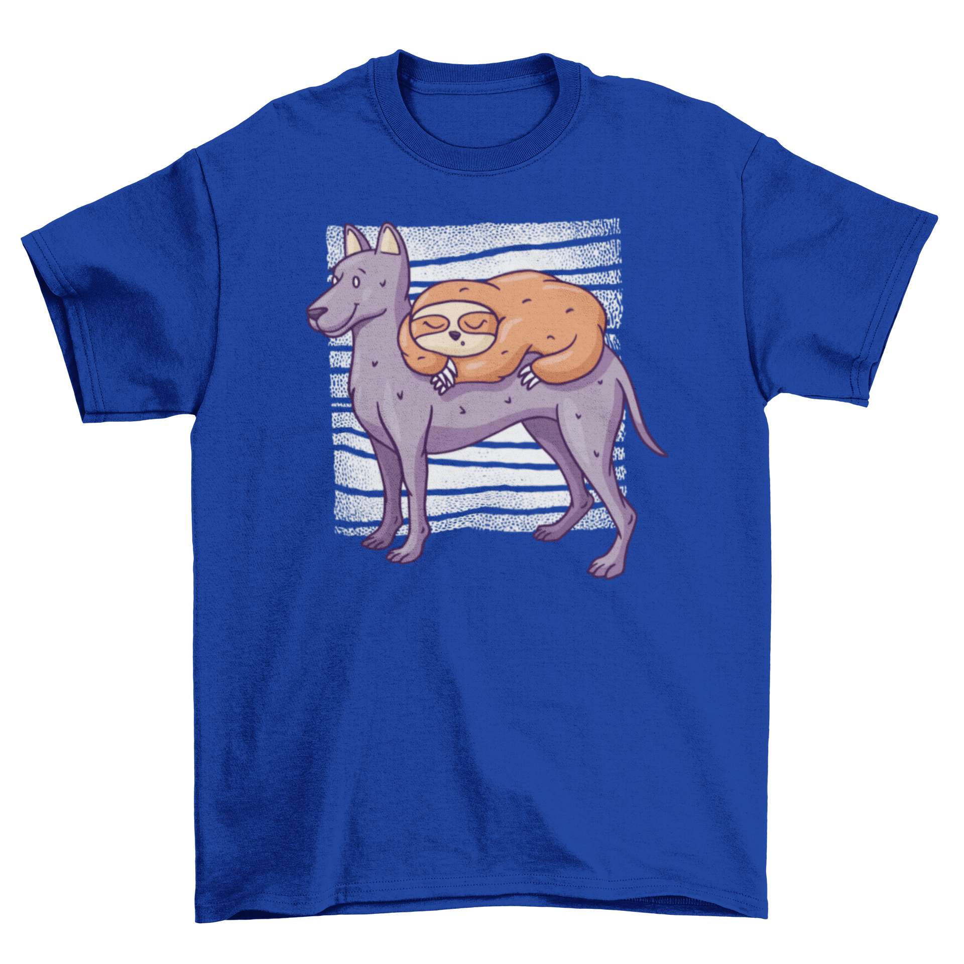 A cute T-shirt featuring a sloth sleeping on a dog, showcasing a whimsical animal design.