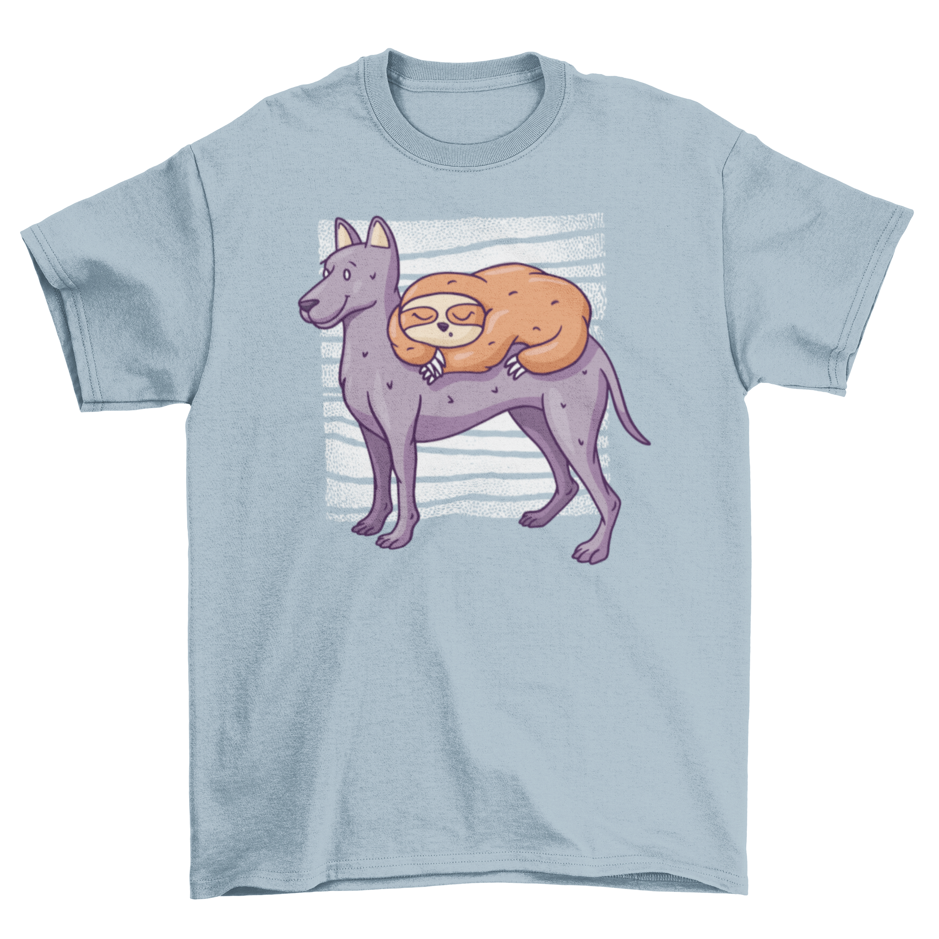 A cute T-shirt featuring a sloth sleeping on a dog, showcasing a whimsical animal design.