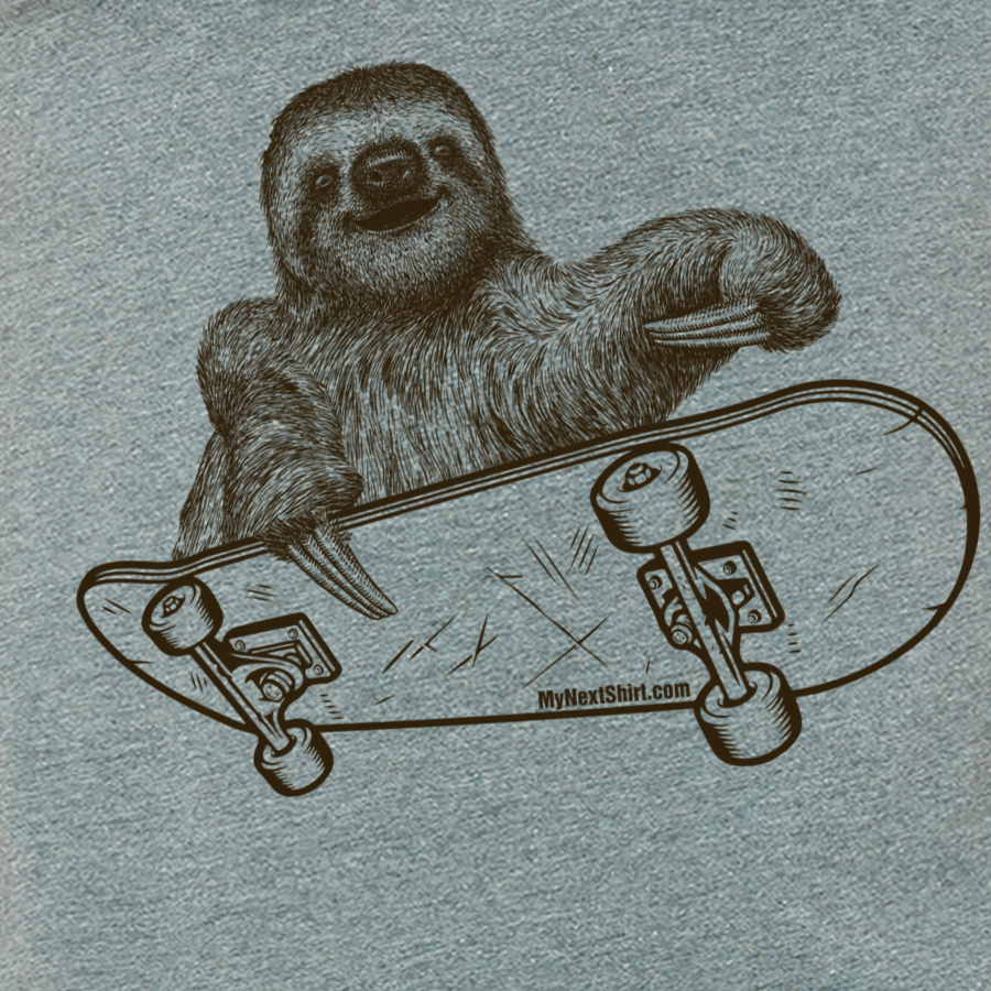 A playful sloth riding a skateboard, featured on a soft men's tee shirt, showcasing vibrant colors and eco-friendly print.