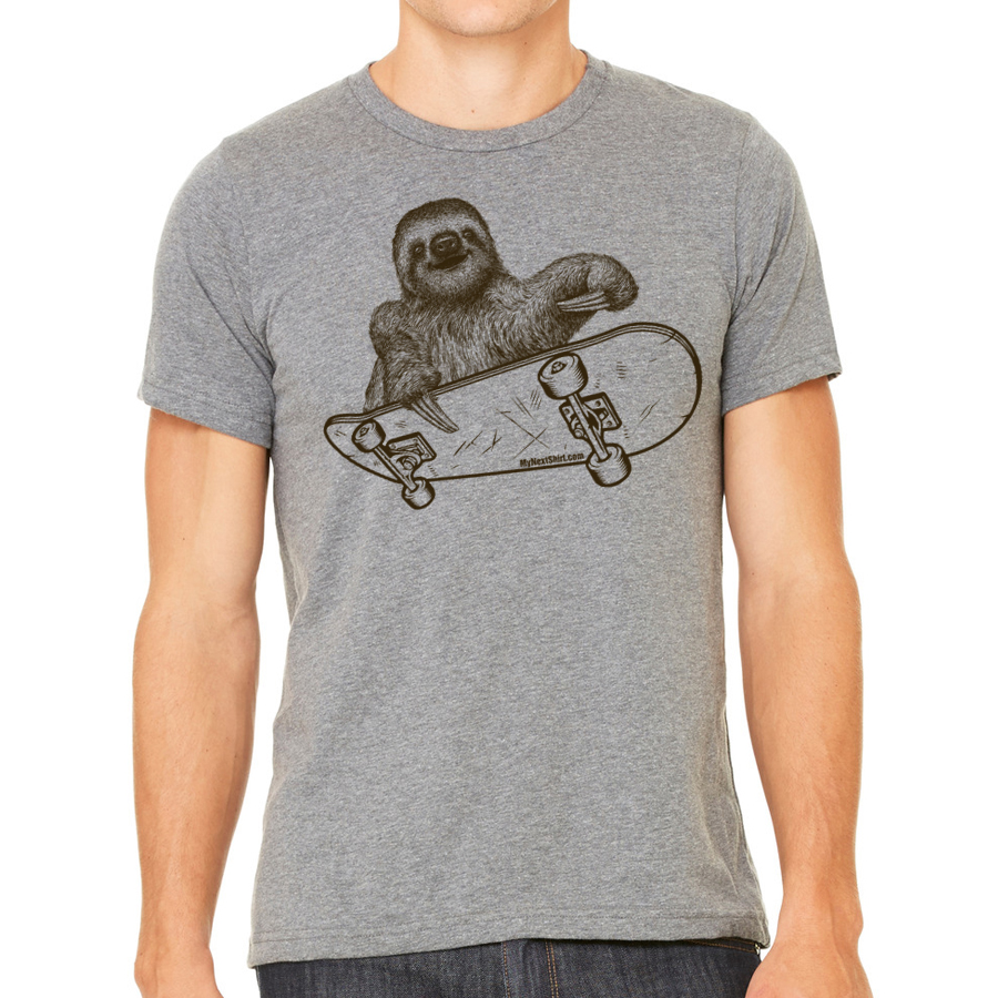 A playful sloth riding a skateboard, featured on a soft men's tee shirt, showcasing vibrant colors and eco-friendly print.