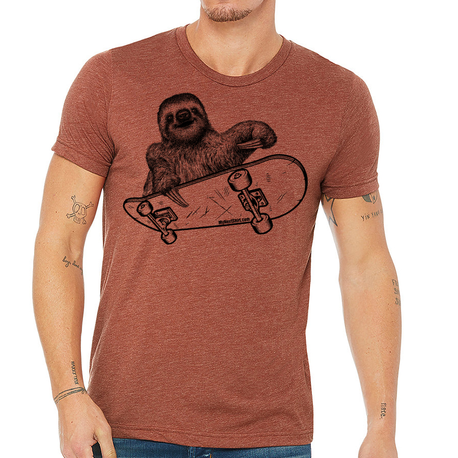 A playful sloth riding a skateboard, featured on a soft men's tee shirt, showcasing vibrant colors and eco-friendly print.