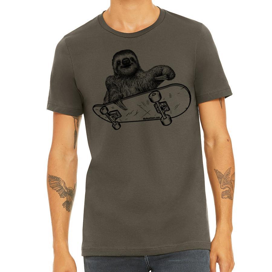 A playful sloth riding a skateboard, featured on a soft men's tee shirt, showcasing vibrant colors and eco-friendly print.