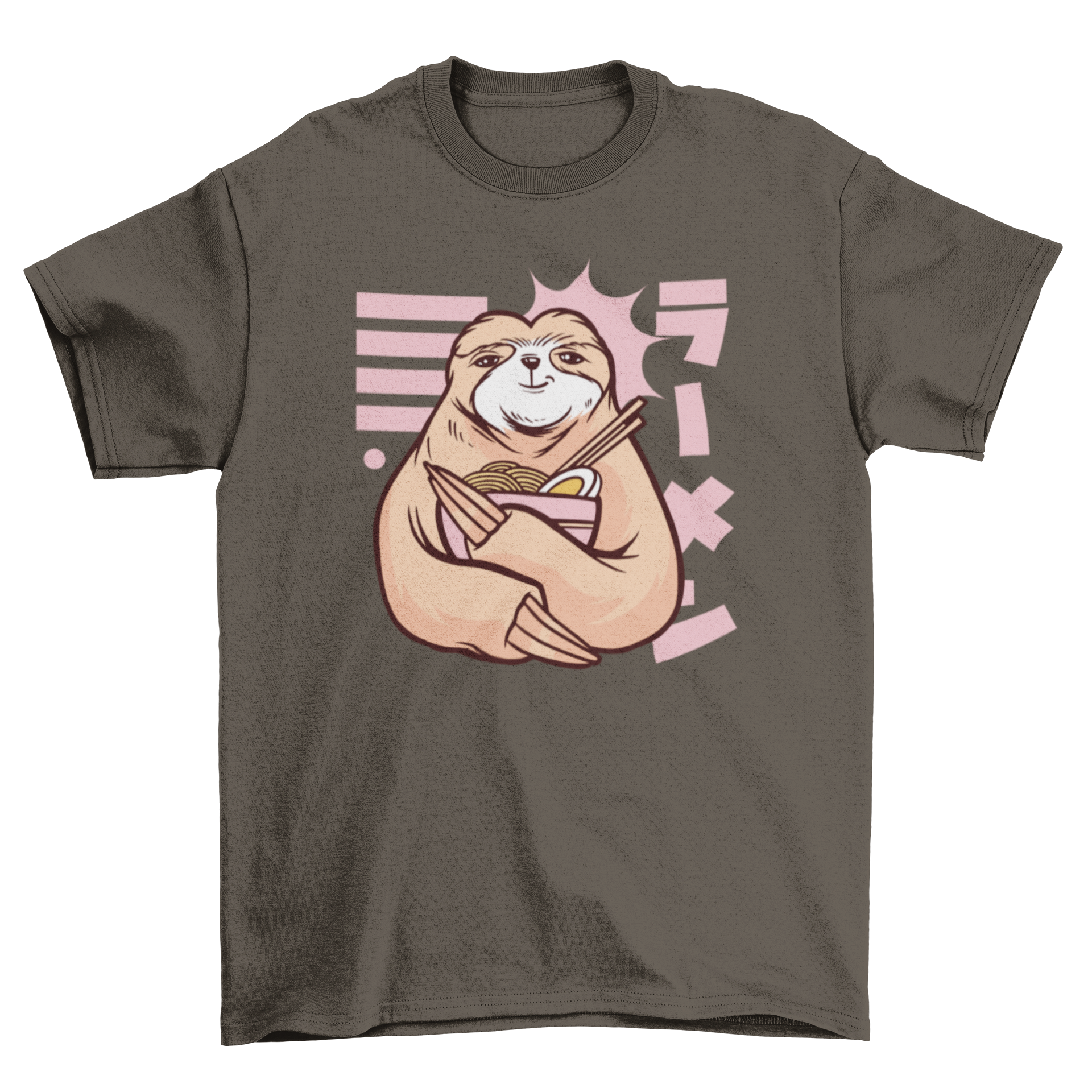 A cute t-shirt design featuring a sloth holding a bowl of ramen, showcasing a playful and whimsical graphic.