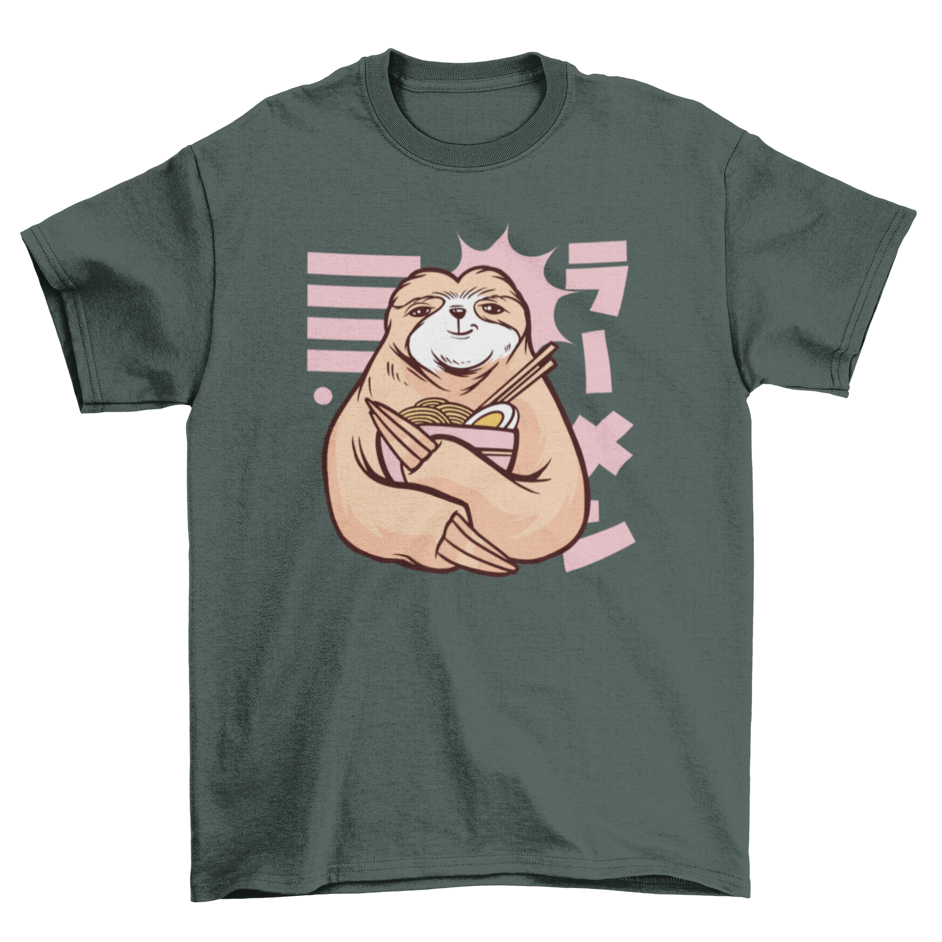 A cute t-shirt design featuring a sloth holding a bowl of ramen, showcasing a playful and whimsical graphic.