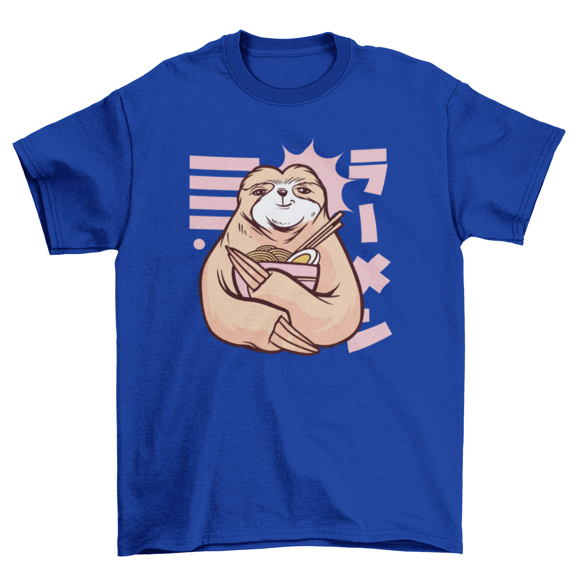 A cute t-shirt design featuring a sloth holding a bowl of ramen, showcasing a playful and whimsical graphic.