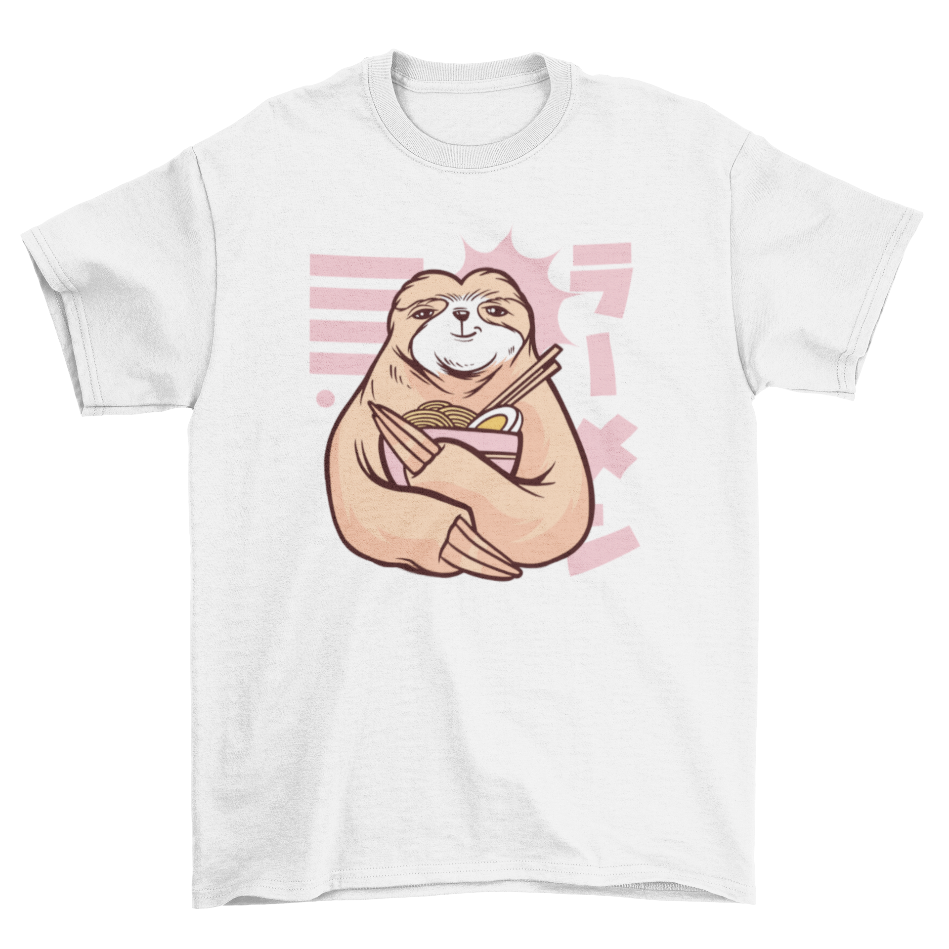 A cute t-shirt design featuring a sloth holding a bowl of ramen, showcasing a playful and whimsical graphic.