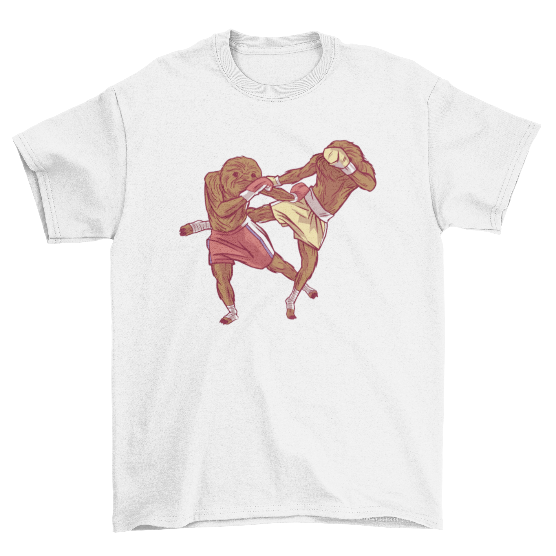 A vibrant t-shirt featuring two sloths playfully engaging in martial arts, showcasing a fun and unique design.