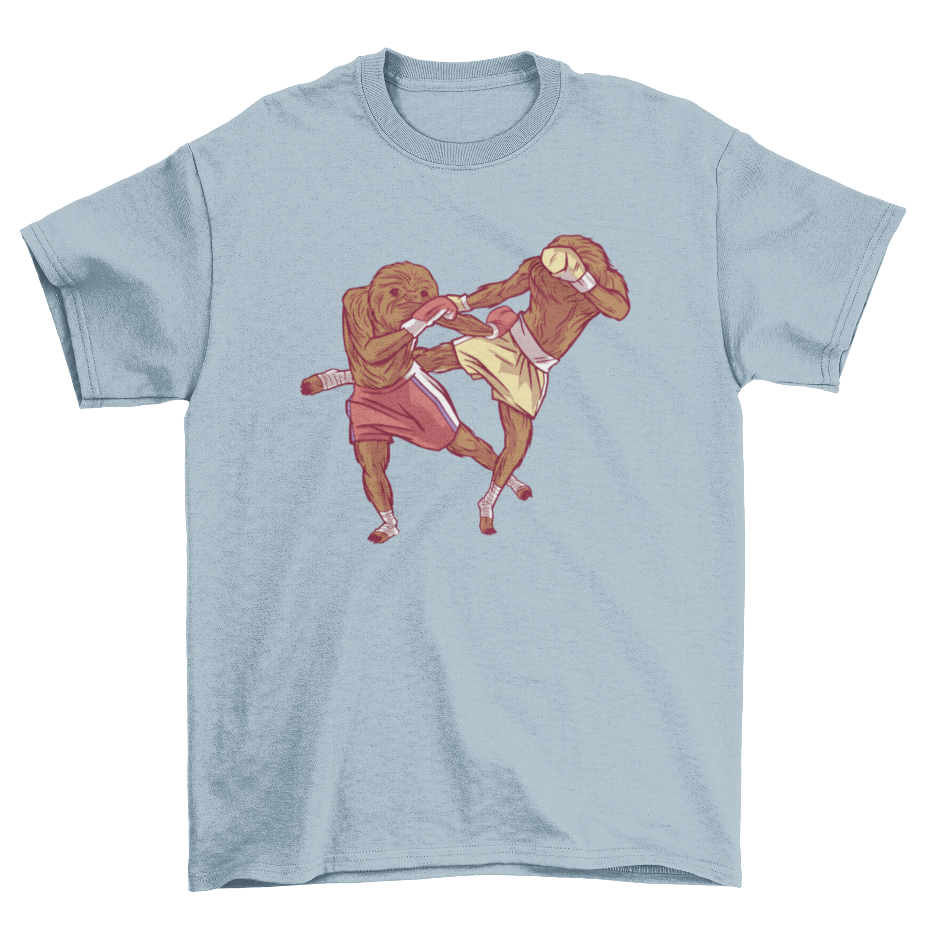 A vibrant t-shirt featuring two sloths playfully engaging in martial arts, showcasing a fun and unique design.