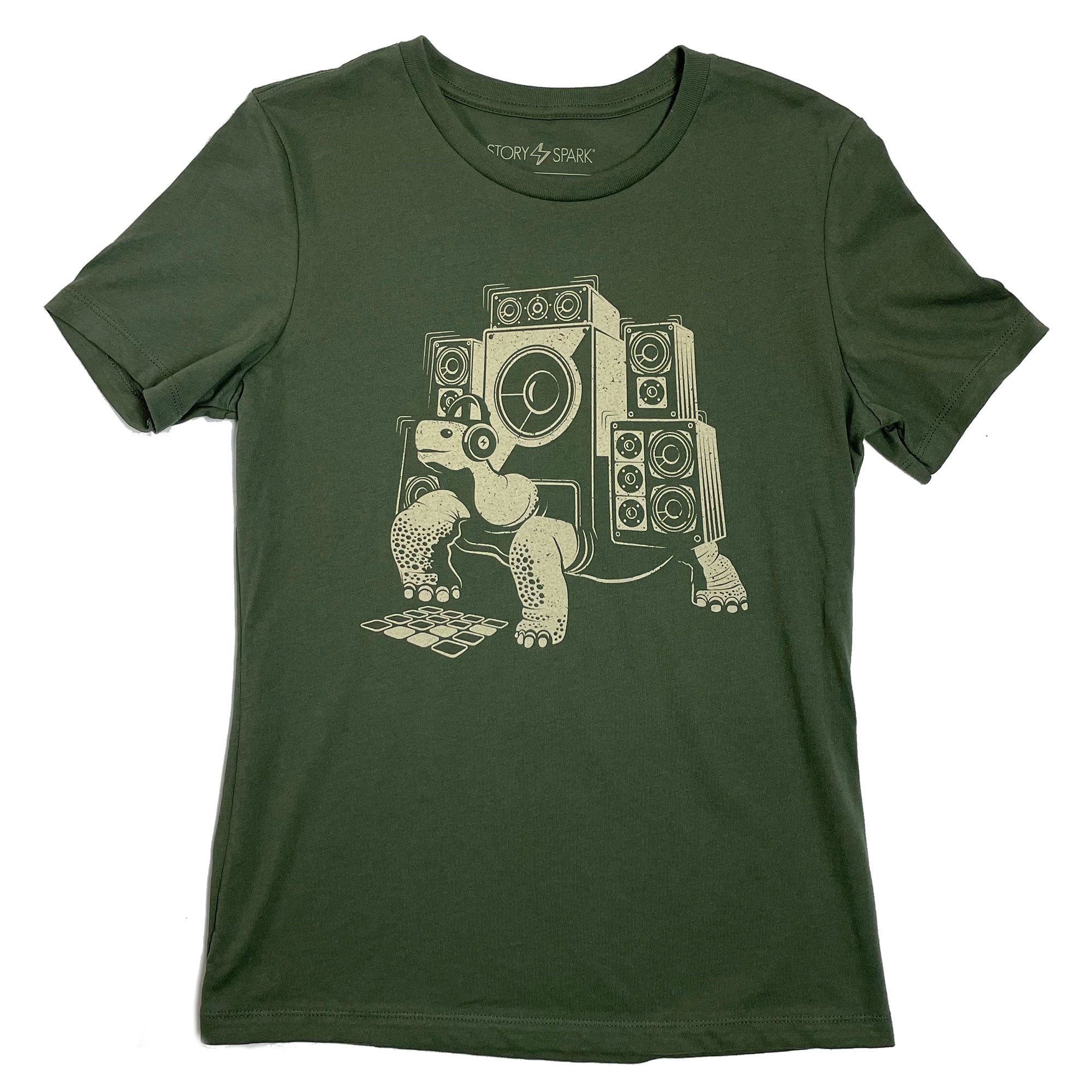 Olive green Slow Beats Women's T-shirt featuring a musical tortoise design, perfect for artists and tech enthusiasts.