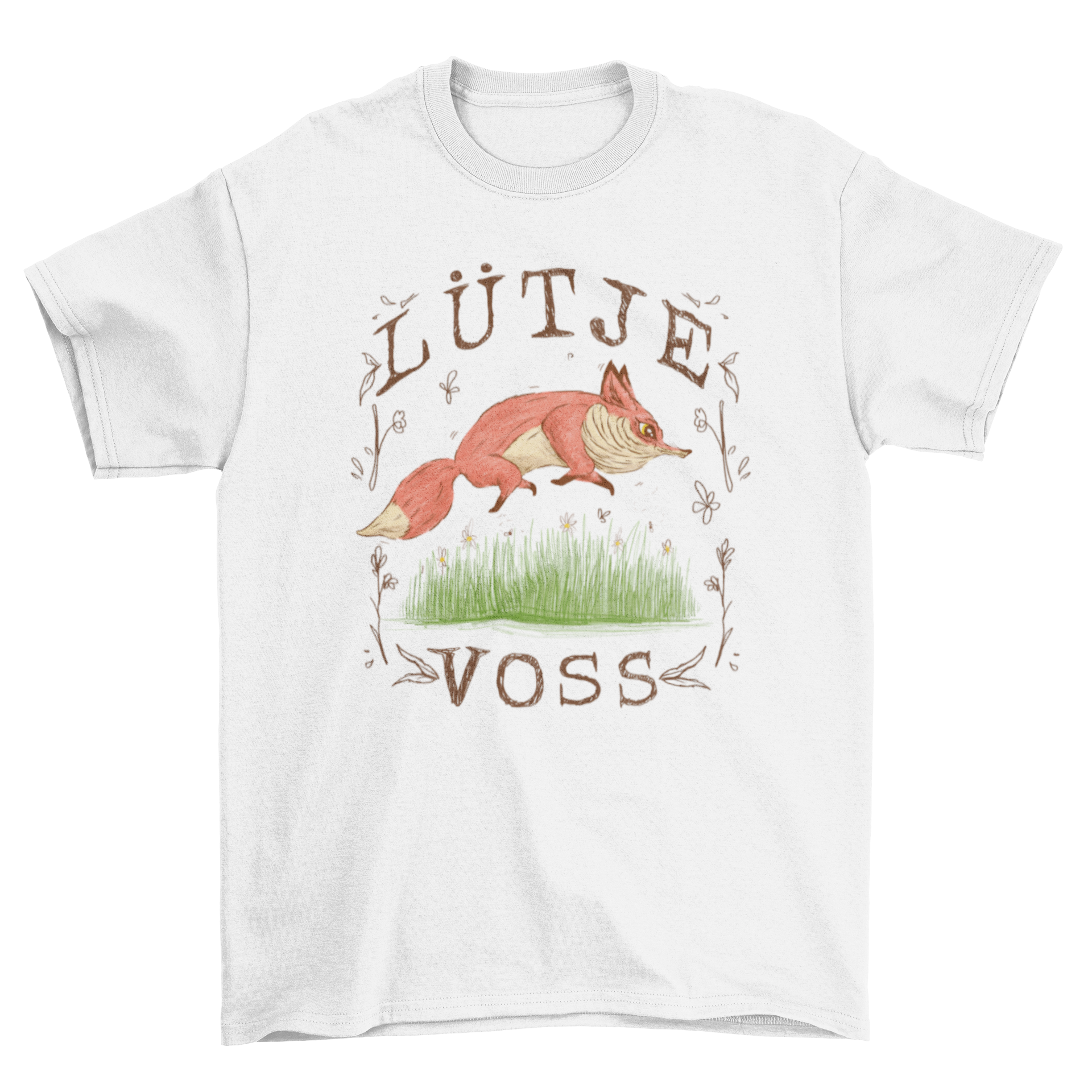 A small fox character playfully running through tall grass on a t-shirt.