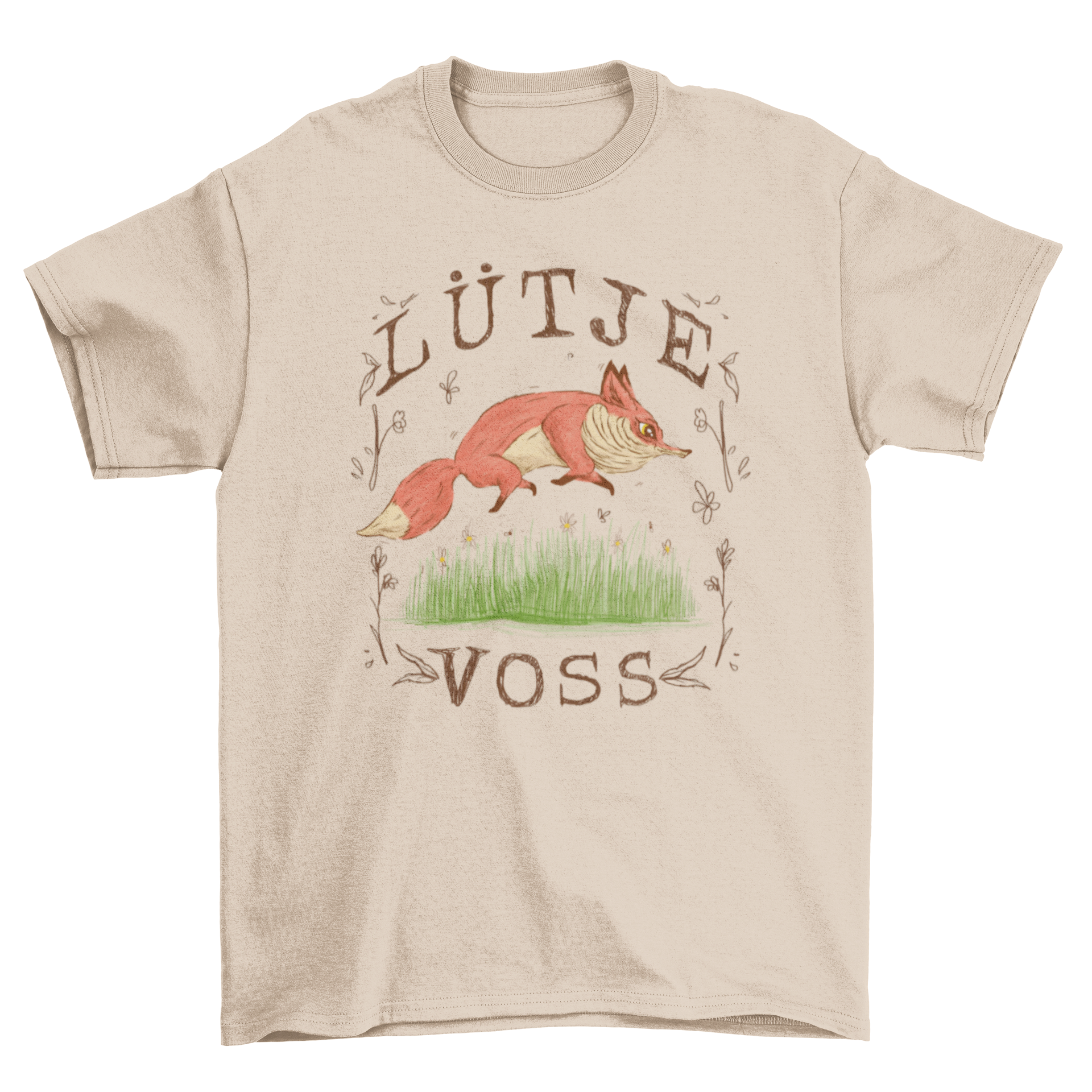 A small fox character playfully running through tall grass on a t-shirt.