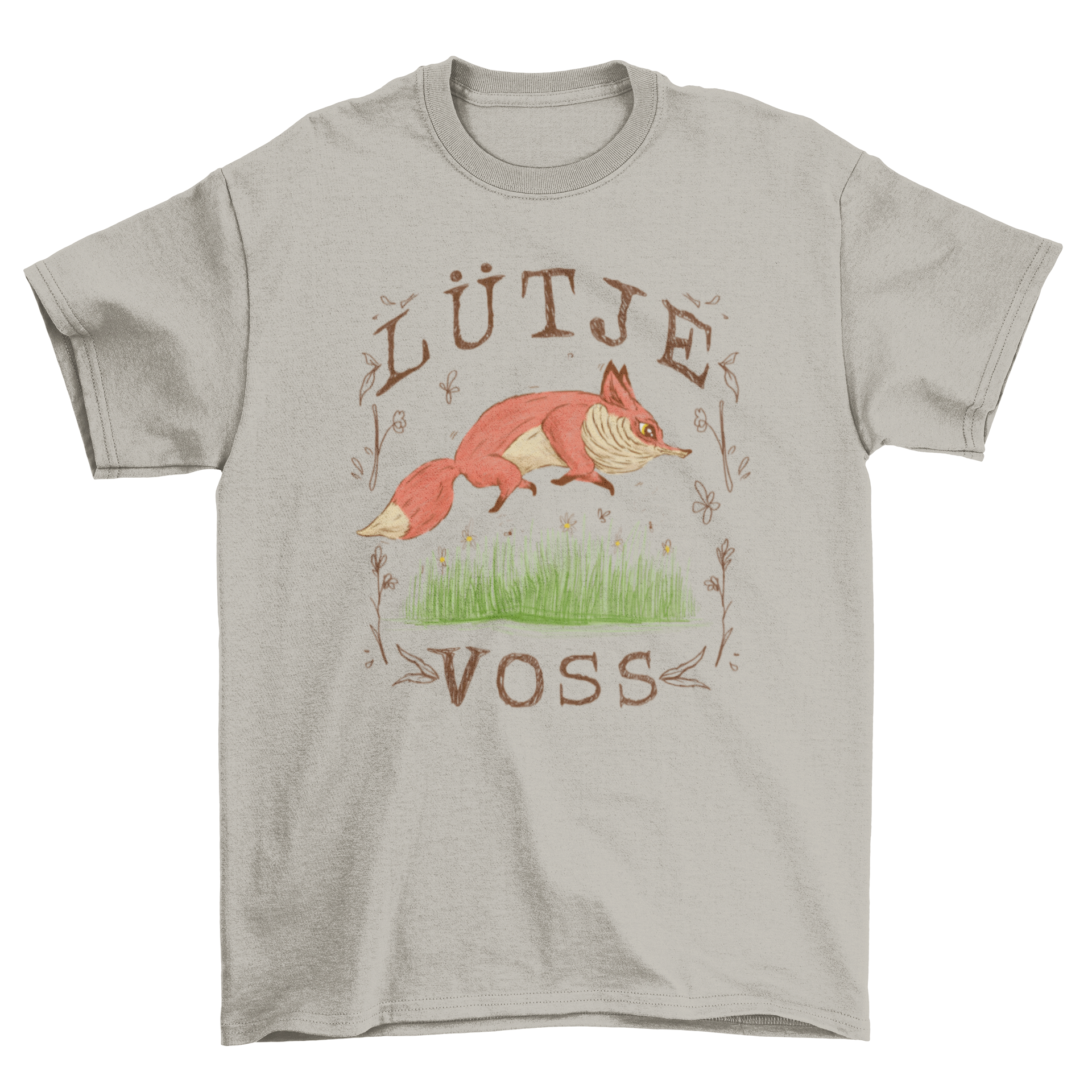 A small fox character playfully running through tall grass on a t-shirt.