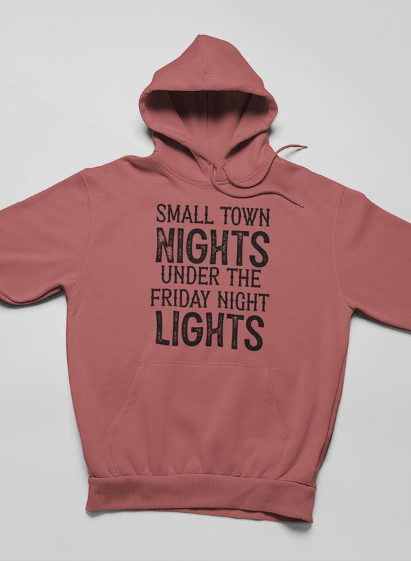 A cozy Small Town Nights Hoodie featuring unique artistic designs, made from a warm cotton/poly fleece blend.