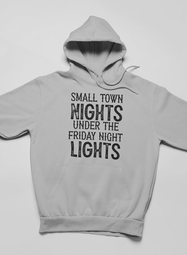 A cozy Small Town Nights Hoodie featuring unique artistic designs, made from a warm cotton/poly fleece blend.