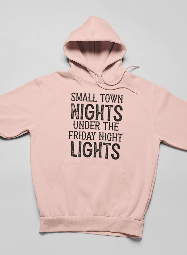 A cozy Small Town Nights Hoodie featuring unique artistic designs, made from a warm cotton/poly fleece blend.