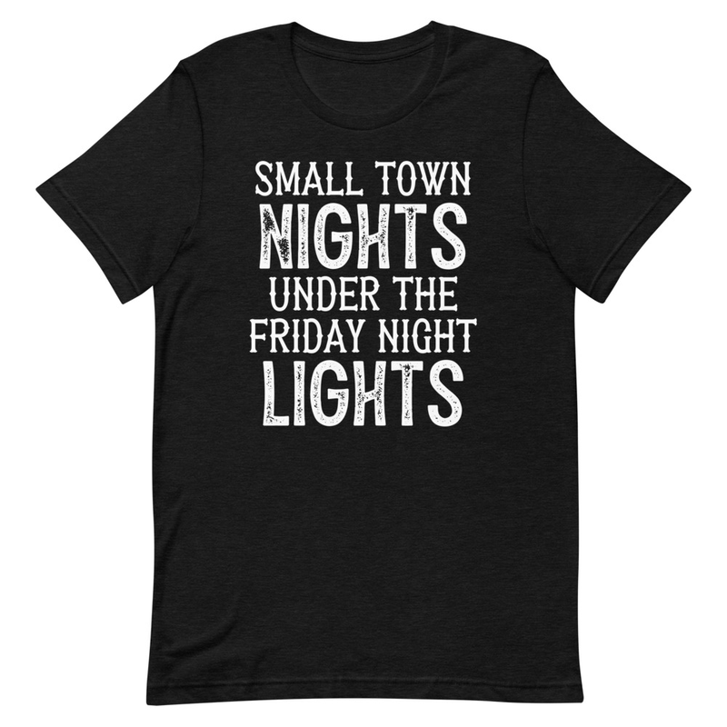 Small Town Nights T-Shirt made from soft ring-spun cotton, featuring double stitching for durability and vibrant DTG printed design.