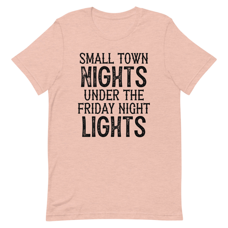 Small Town Nights T-Shirt made from soft ring-spun cotton, featuring double stitching for durability and vibrant DTG printed design.