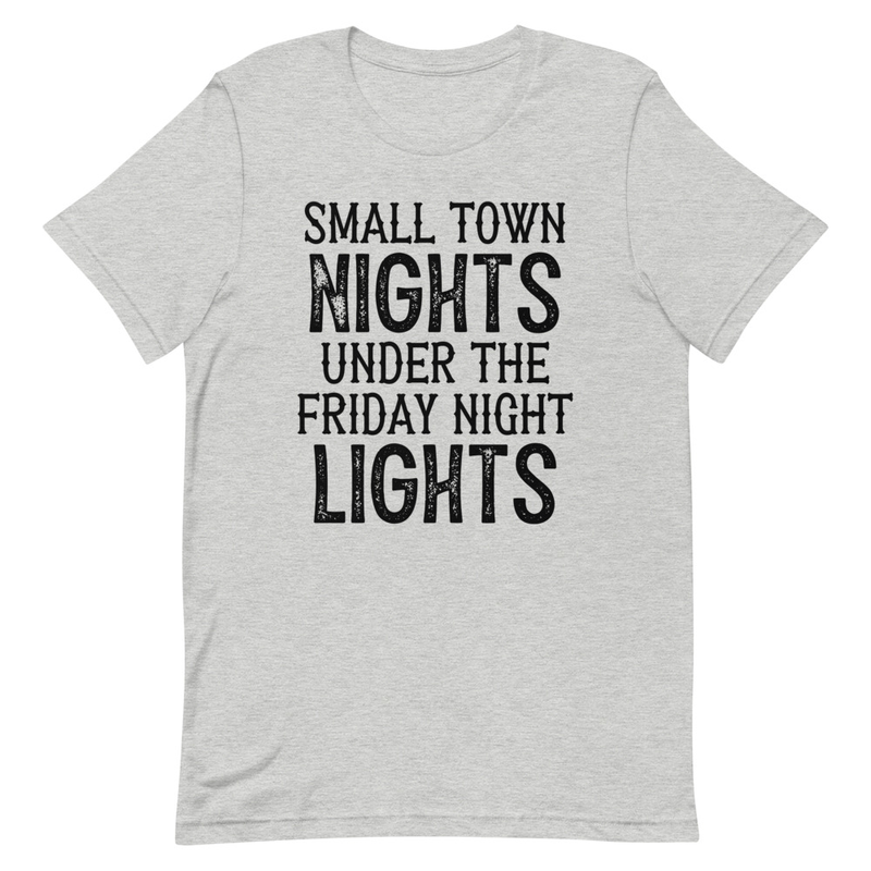 Small Town Nights T-Shirt made from soft ring-spun cotton, featuring double stitching for durability and vibrant DTG printed design.