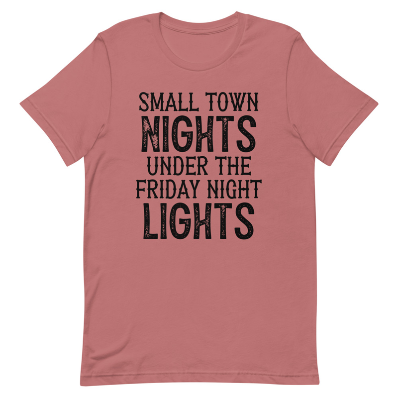 Small Town Nights T-Shirt made from soft ring-spun cotton, featuring double stitching for durability and vibrant DTG printed design.