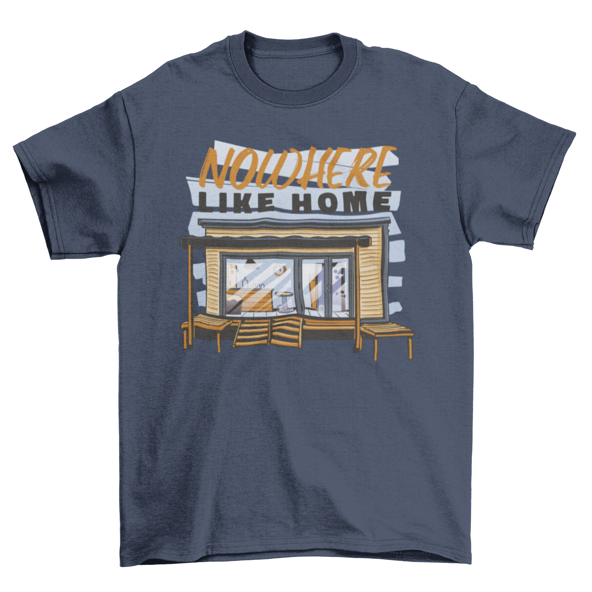 A stylish t-shirt featuring a small wooden house design with the quote 'Nowhere like home'.