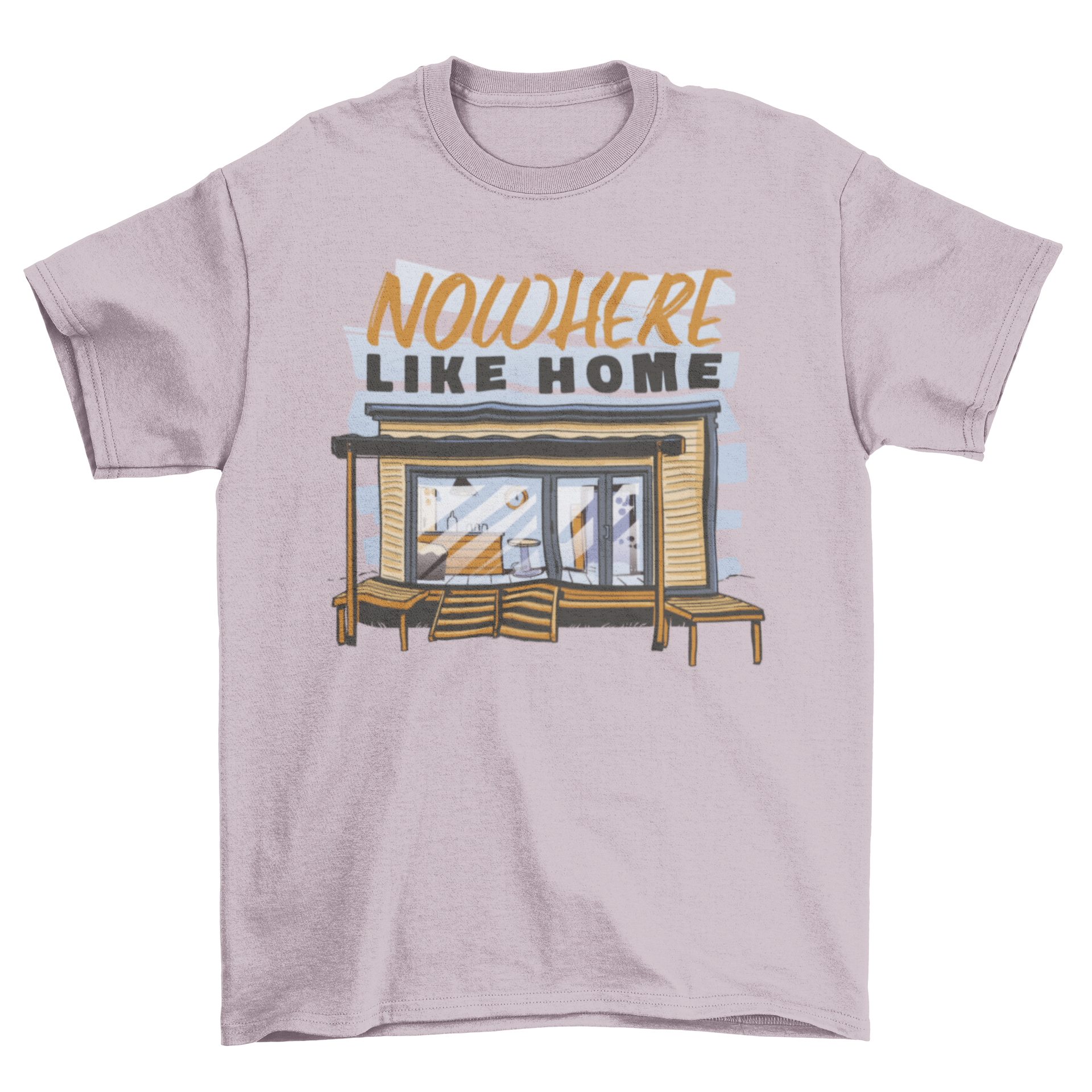 A stylish t-shirt featuring a small wooden house design with the quote 'Nowhere like home'.