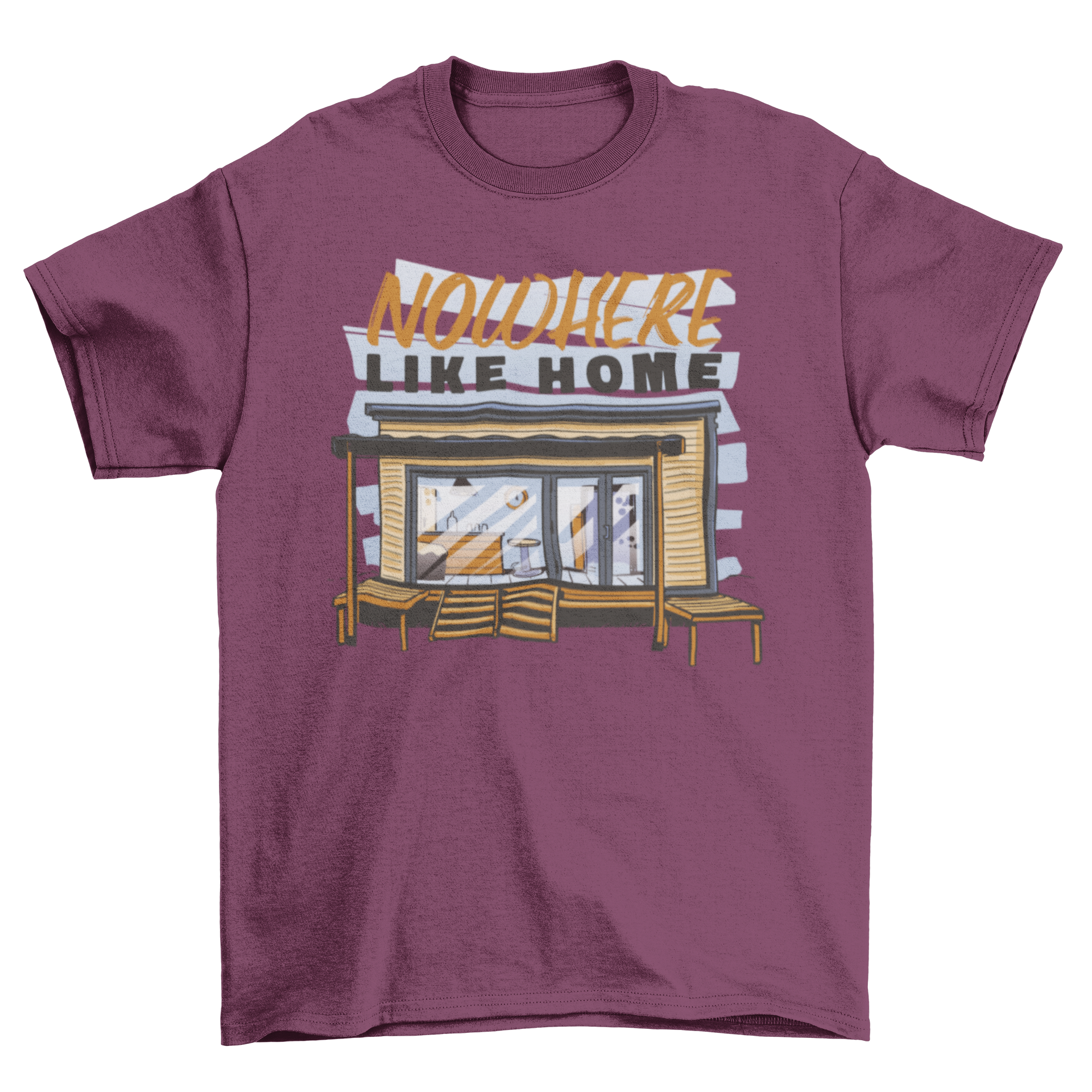 A stylish t-shirt featuring a small wooden house design with the quote 'Nowhere like home'.