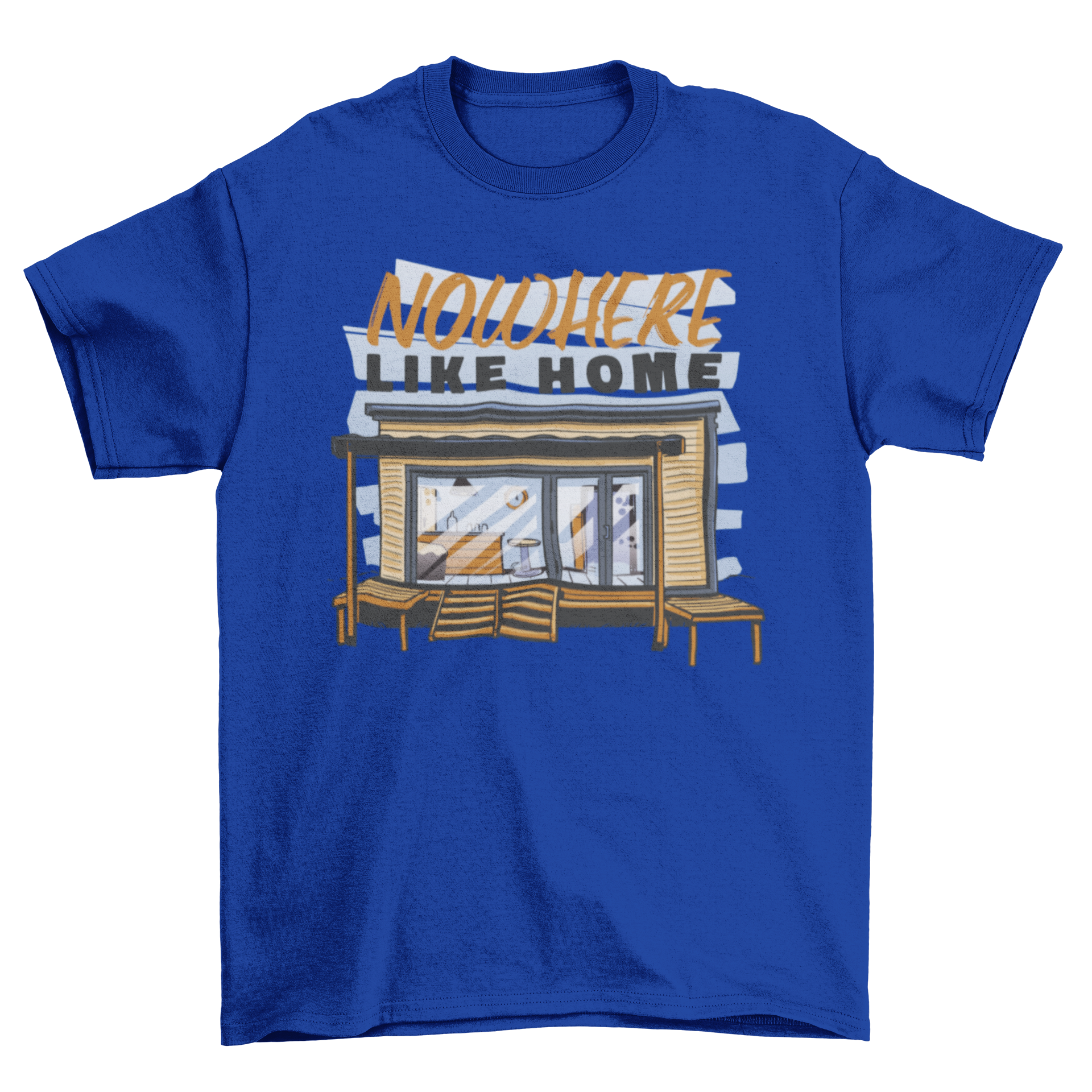 A stylish t-shirt featuring a small wooden house design with the quote 'Nowhere like home'.