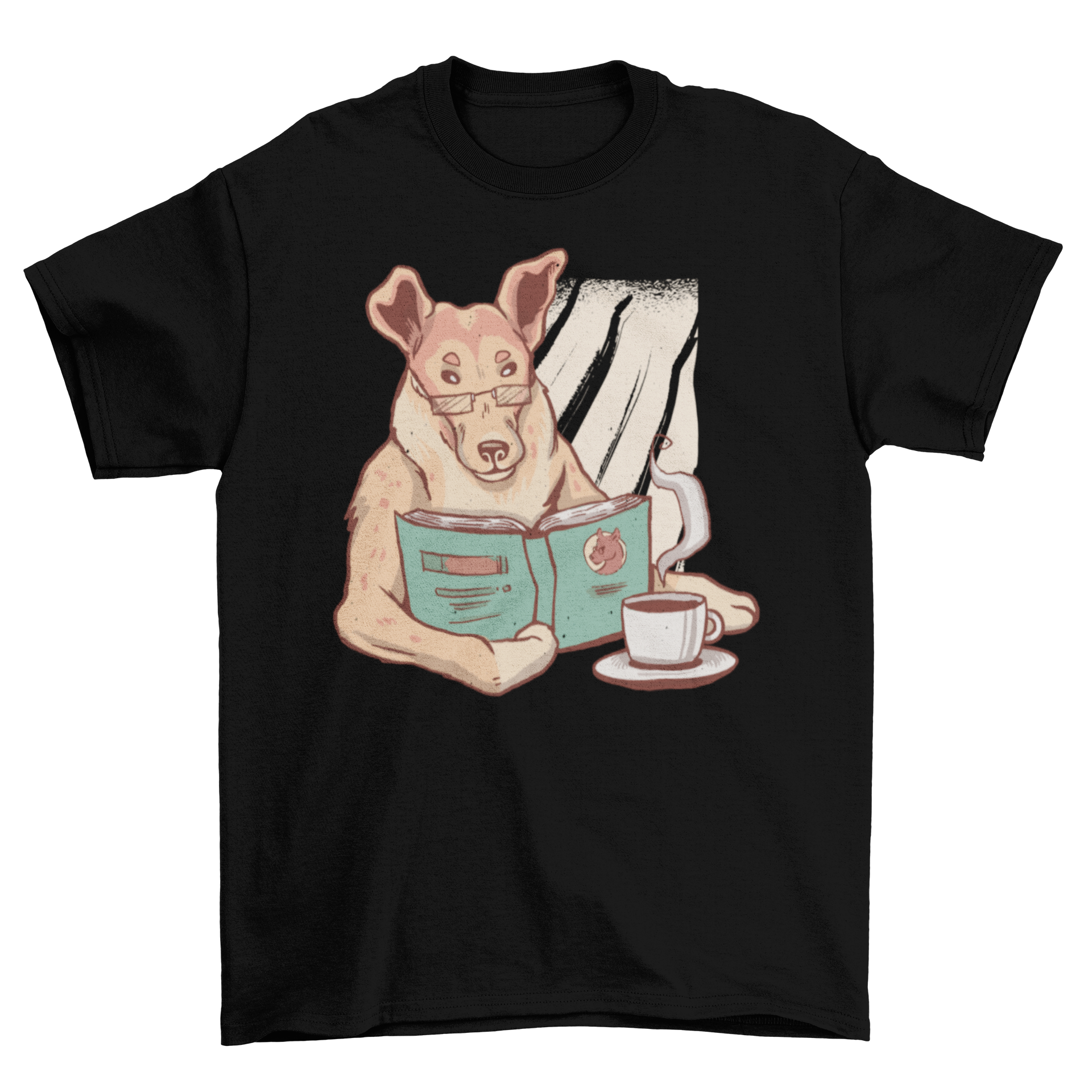 Smart collie t-shirt featuring a collie dog reading a book and drinking coffee, showcasing a unique and charming design.