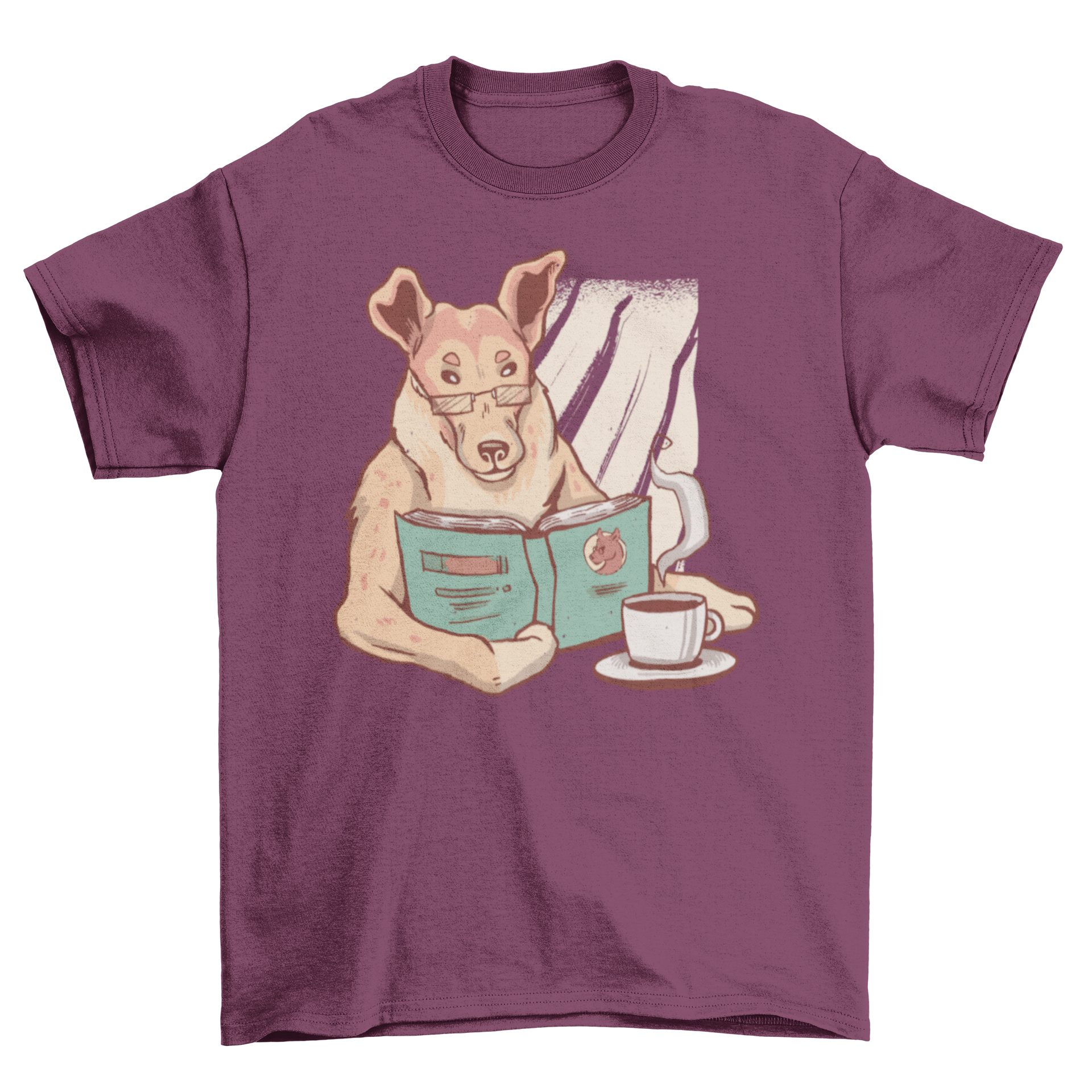 Smart collie t-shirt featuring a collie dog reading a book and drinking coffee, showcasing a unique and charming design.