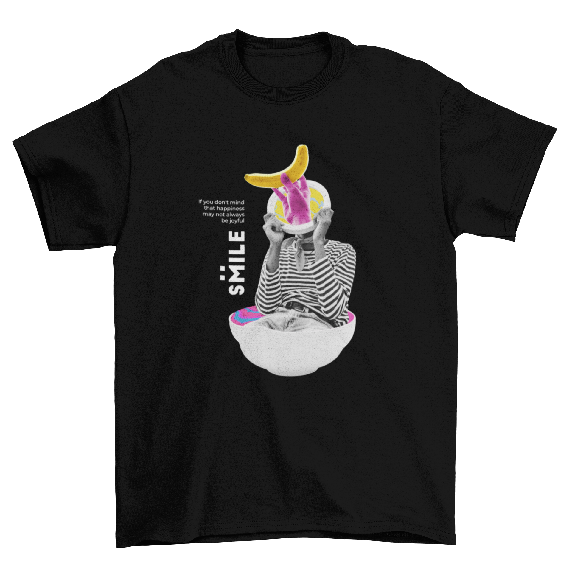 A vibrant t-shirt featuring a psychedelic collage of a girl in a banana bowl with the quote 'Smile'.