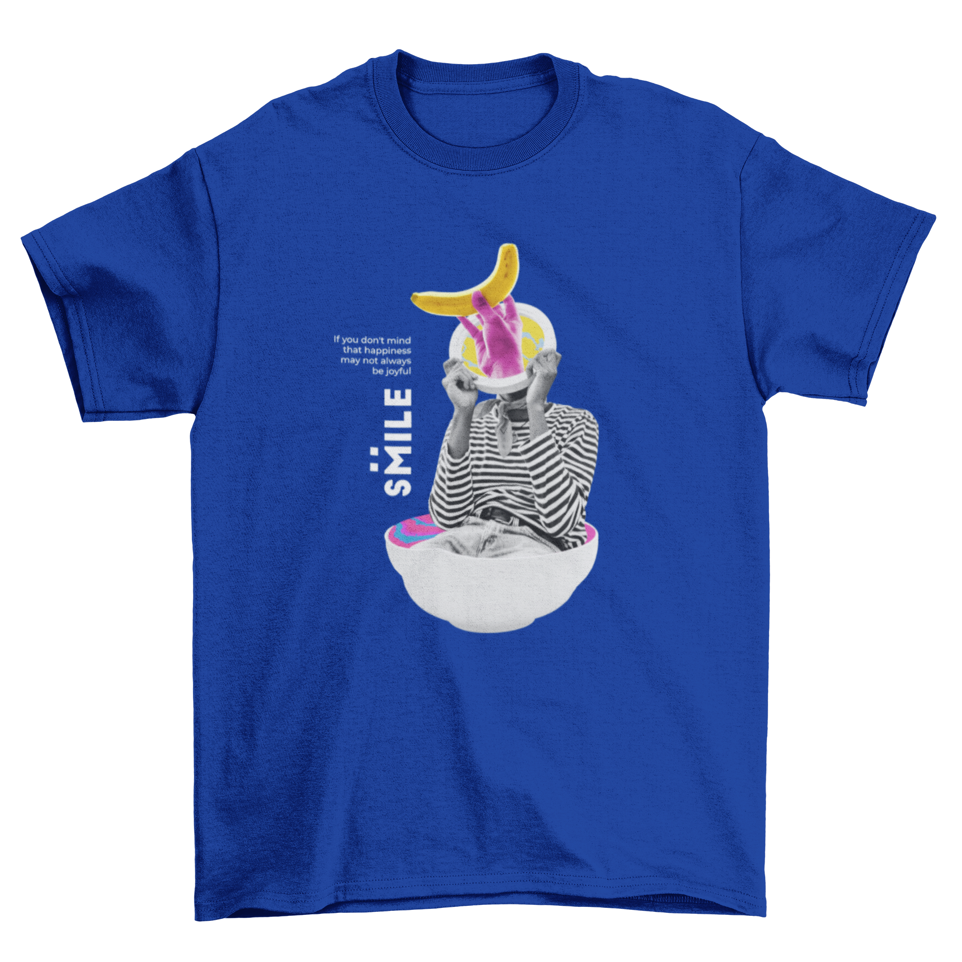 A vibrant t-shirt featuring a psychedelic collage of a girl in a banana bowl with the quote 'Smile'.