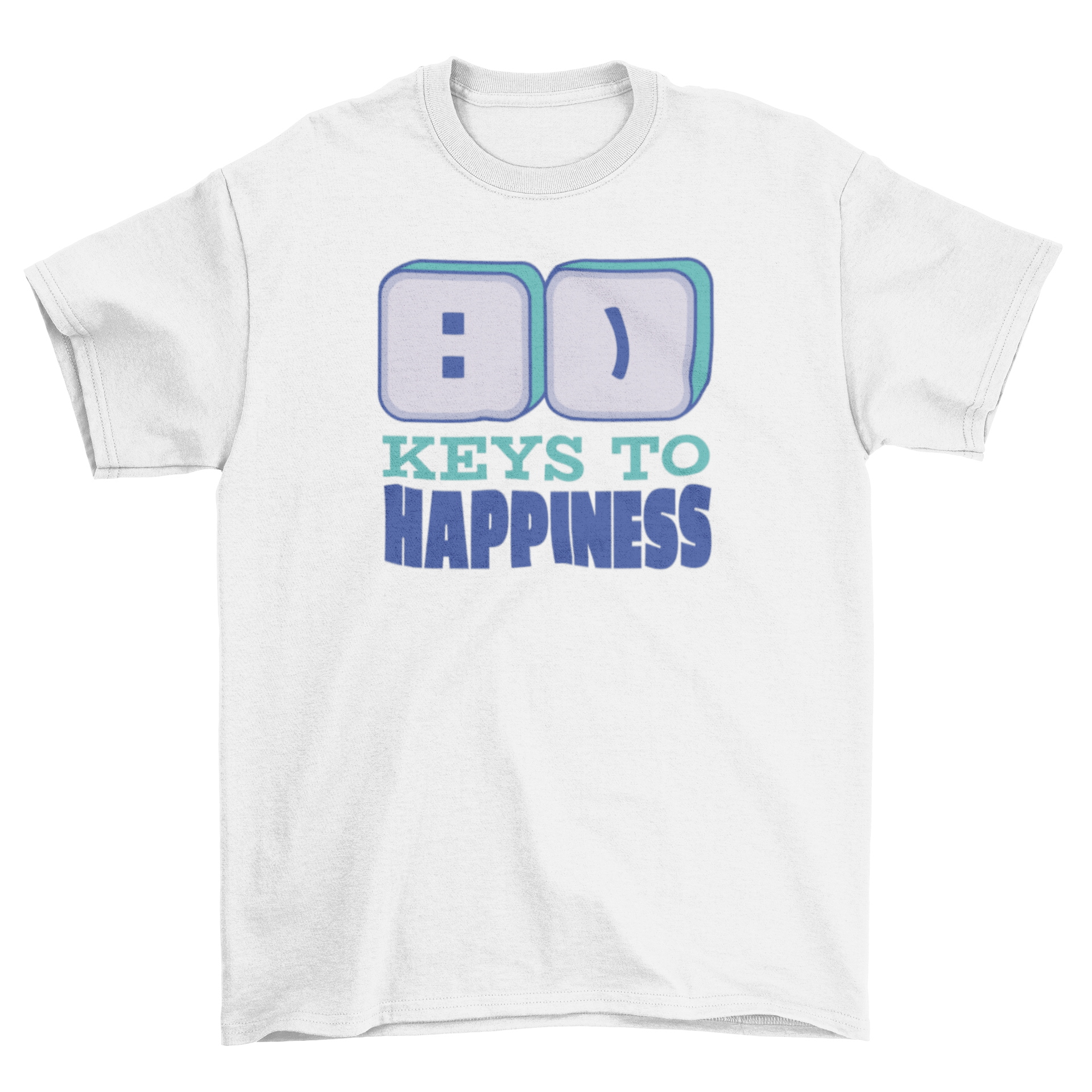 A stylish t-shirt featuring keyboard keys with a smile and the quote 'Keys to happiness', perfect for casual wear.