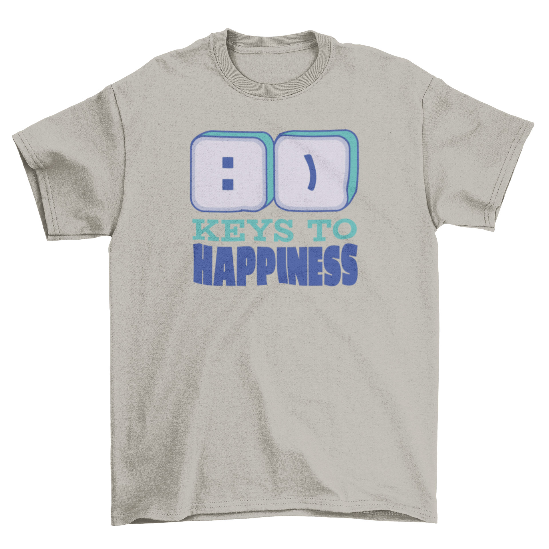 A stylish t-shirt featuring keyboard keys with a smile and the quote 'Keys to happiness', perfect for casual wear.