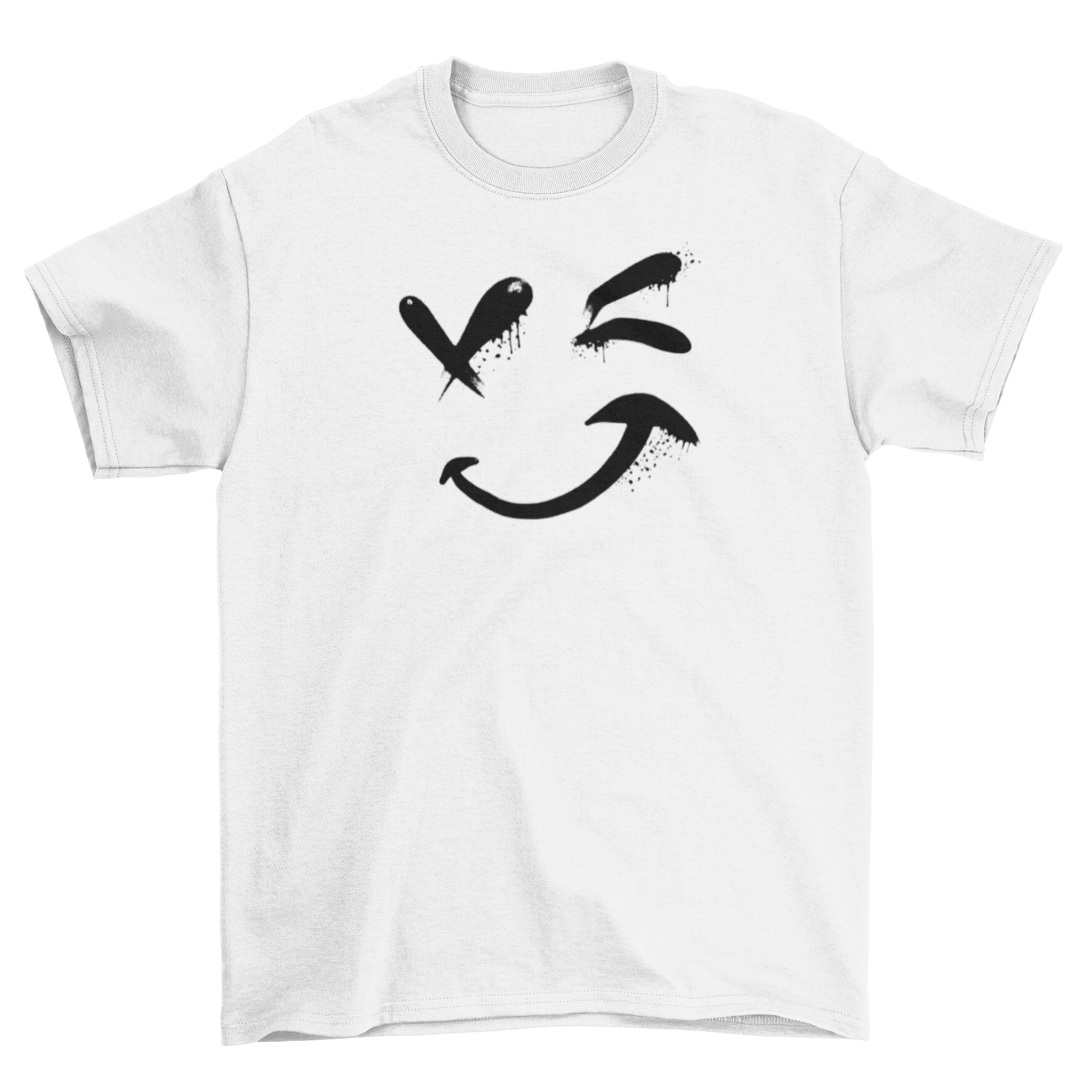 A stylish t-shirt featuring a winking smiley face emoji design, perfect for casual wear.