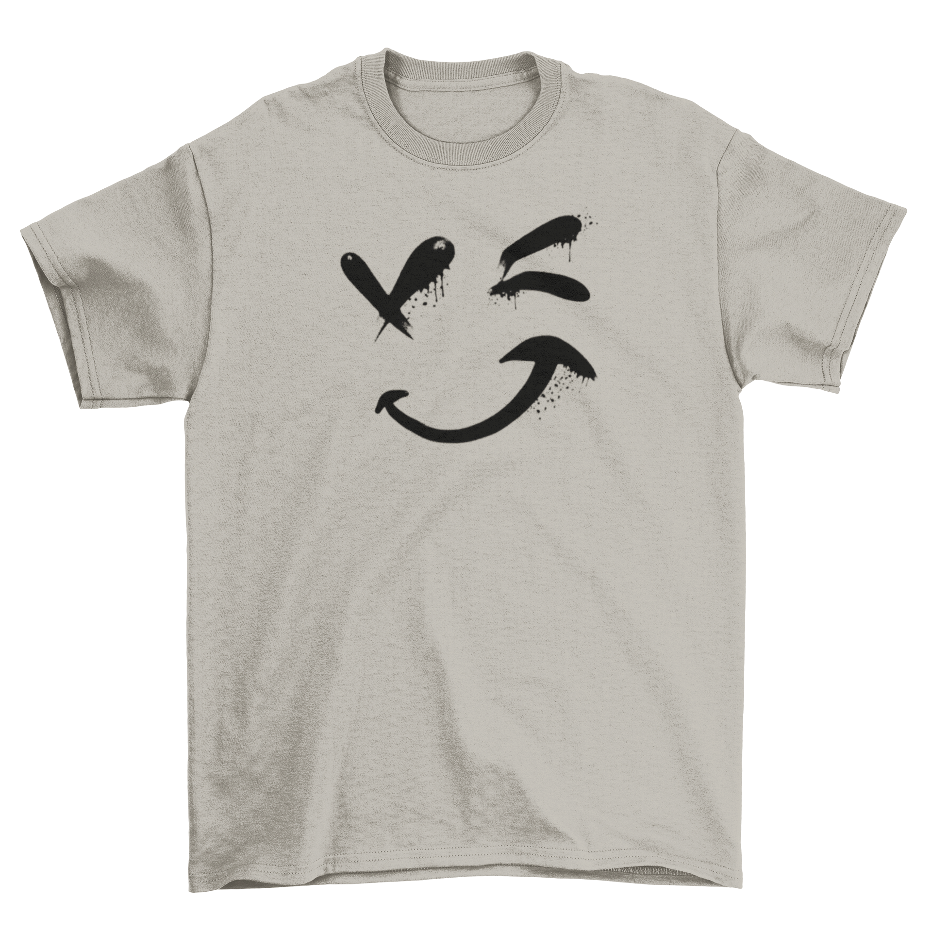 A stylish t-shirt featuring a winking smiley face emoji design, perfect for casual wear.