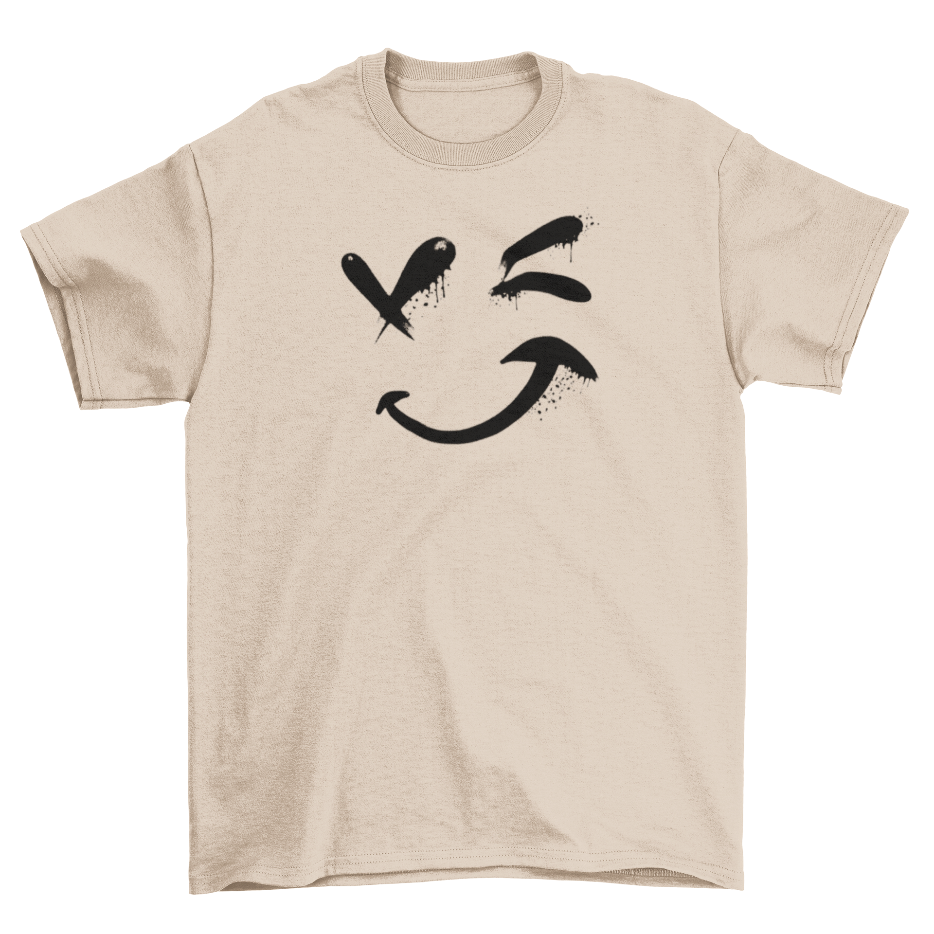 A stylish t-shirt featuring a winking smiley face emoji design, perfect for casual wear.