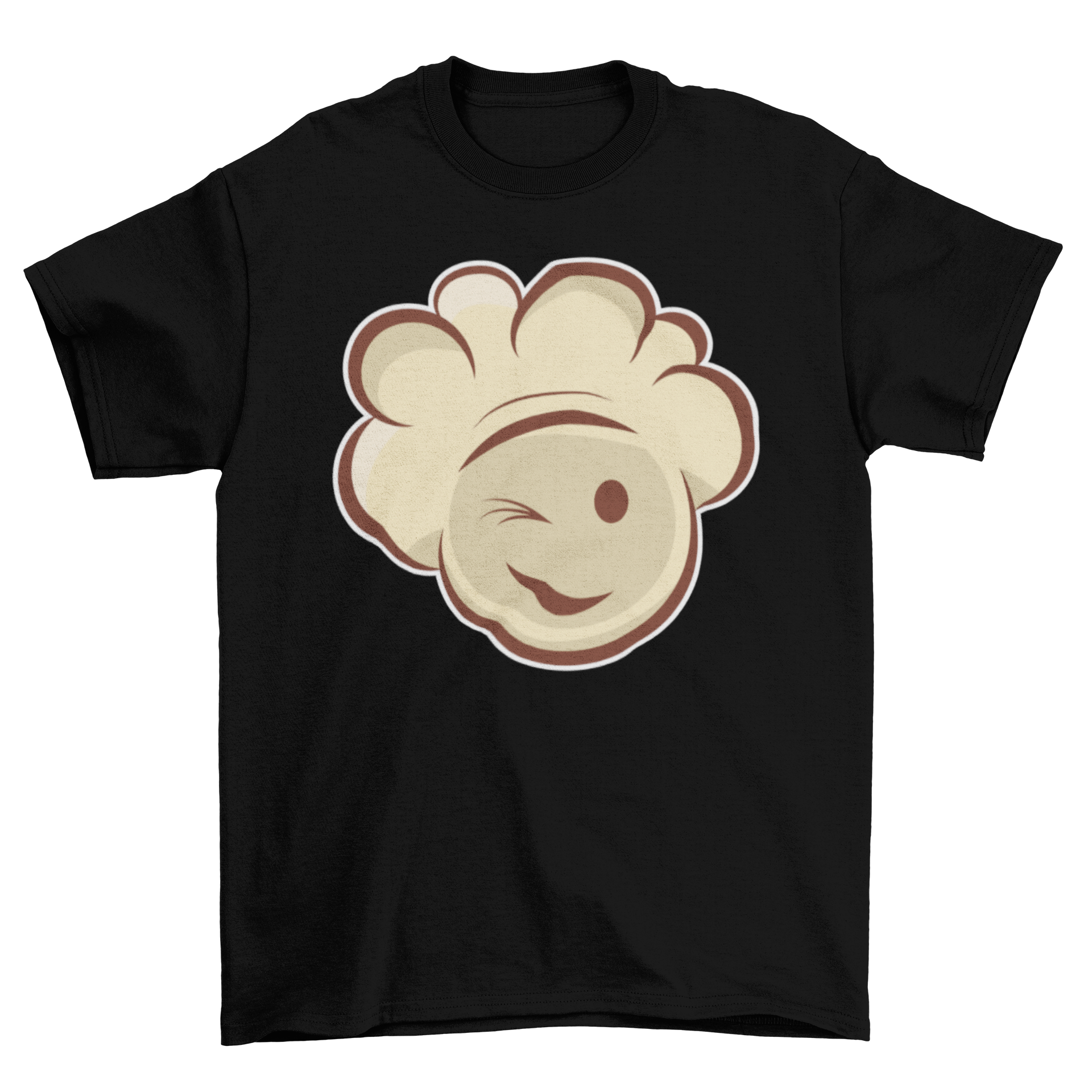 A cheerful T-shirt featuring a smiling popcorn cartoon design, perfect for food lovers.