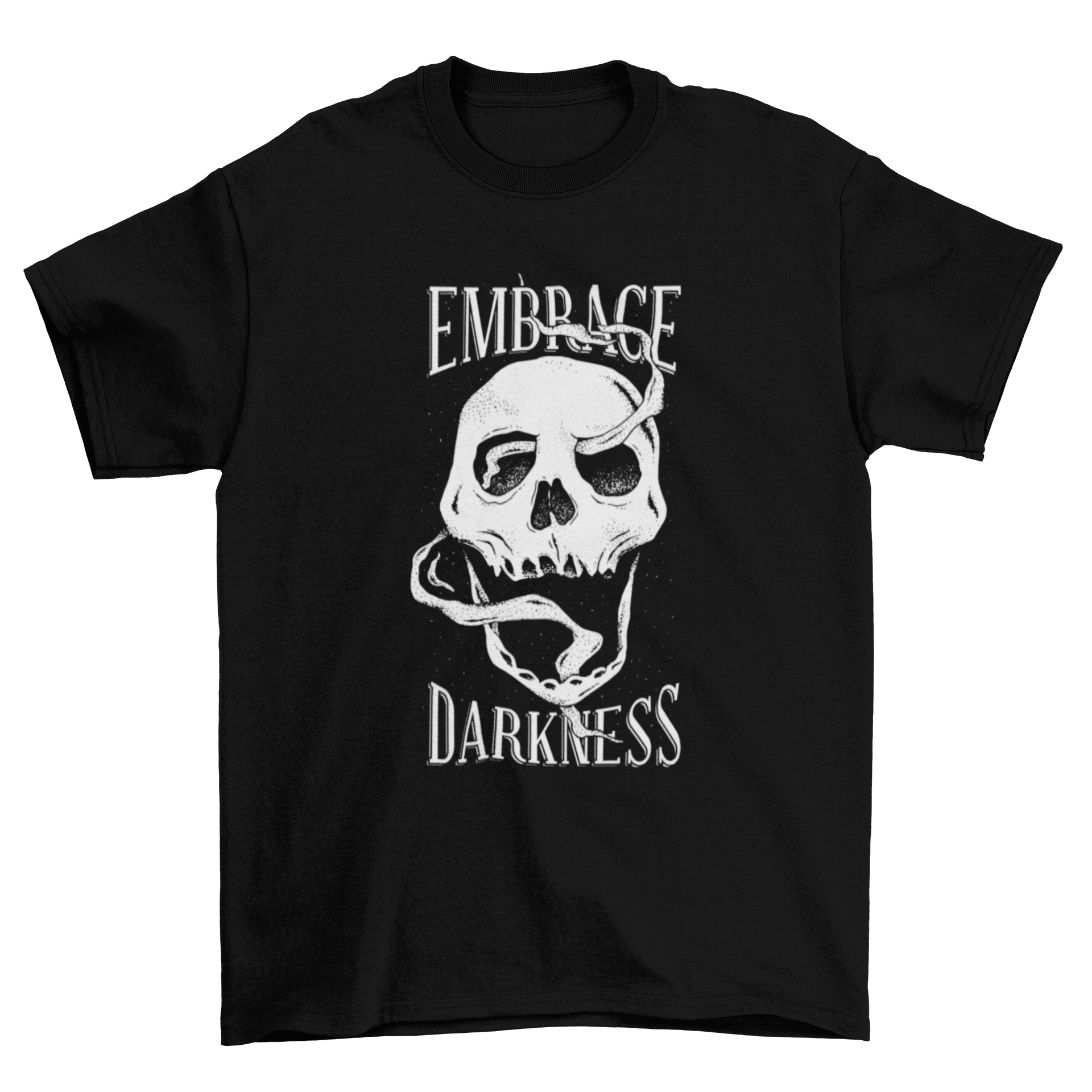 A bold Smoking Skull T-shirt design featuring a skull with smoke coming from its mouth and eyes, accompanied by the text 'EMBRACE DARKNESS'.