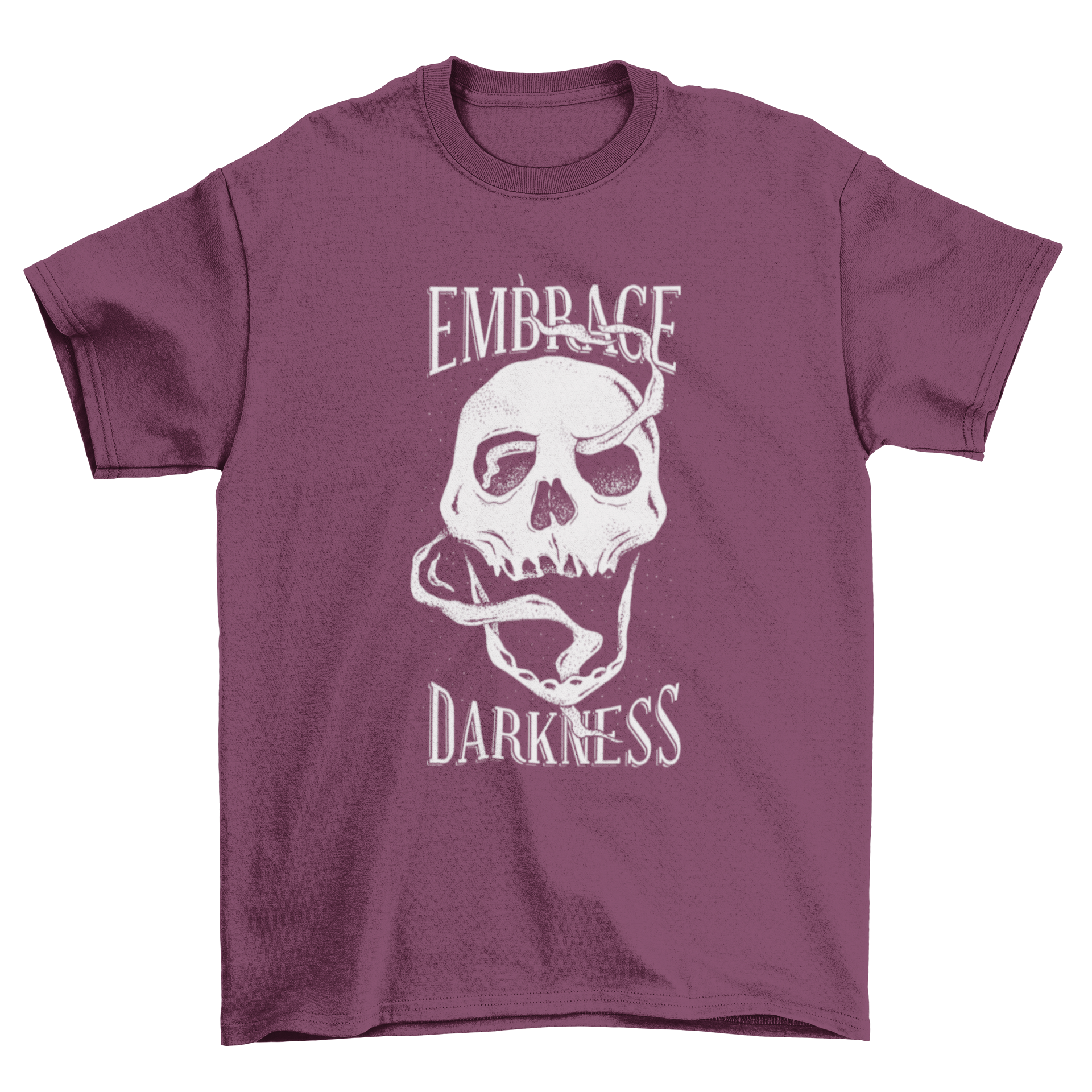 A bold Smoking Skull T-shirt design featuring a skull with smoke coming from its mouth and eyes, accompanied by the text 'EMBRACE DARKNESS'.