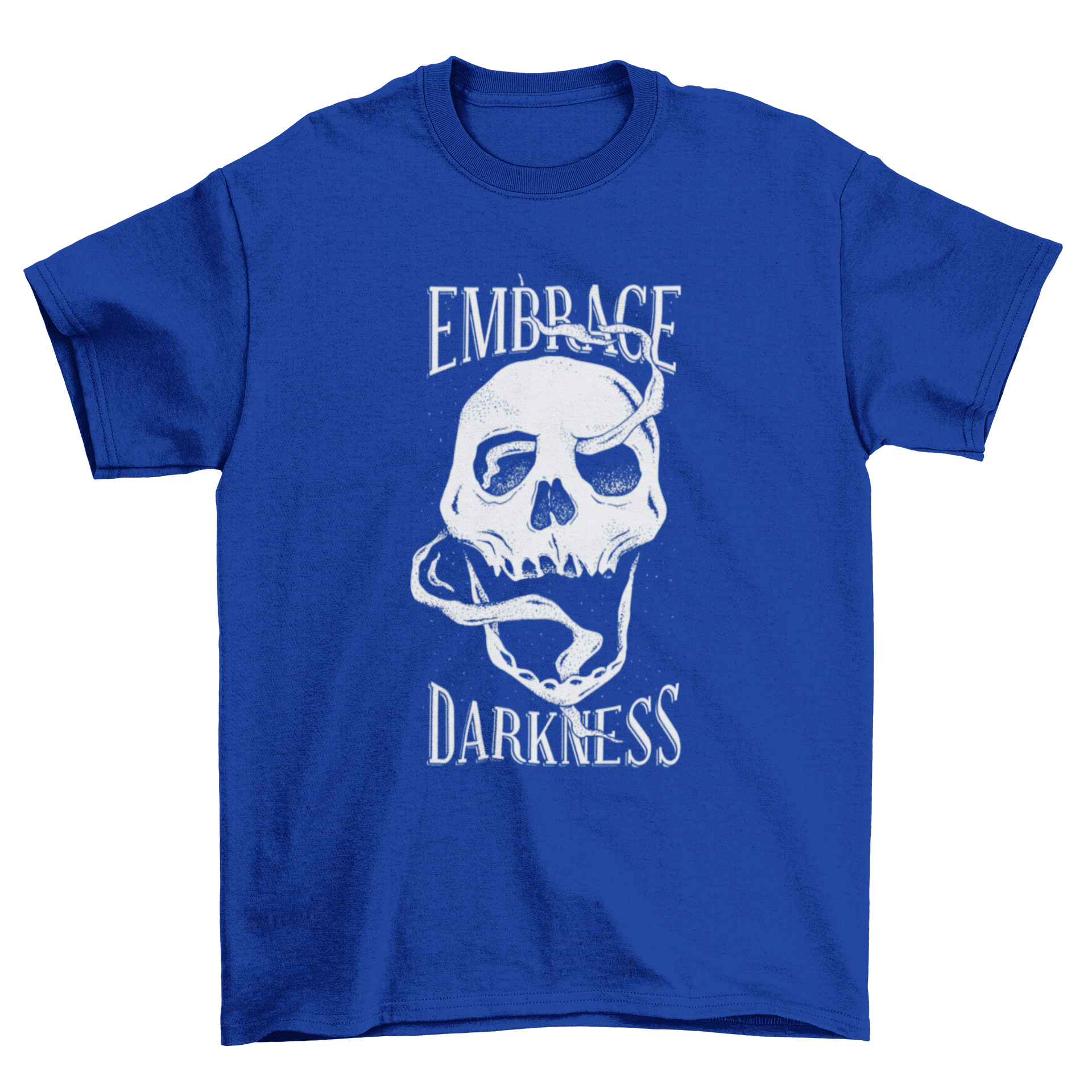 A bold Smoking Skull T-shirt design featuring a skull with smoke coming from its mouth and eyes, accompanied by the text 'EMBRACE DARKNESS'.