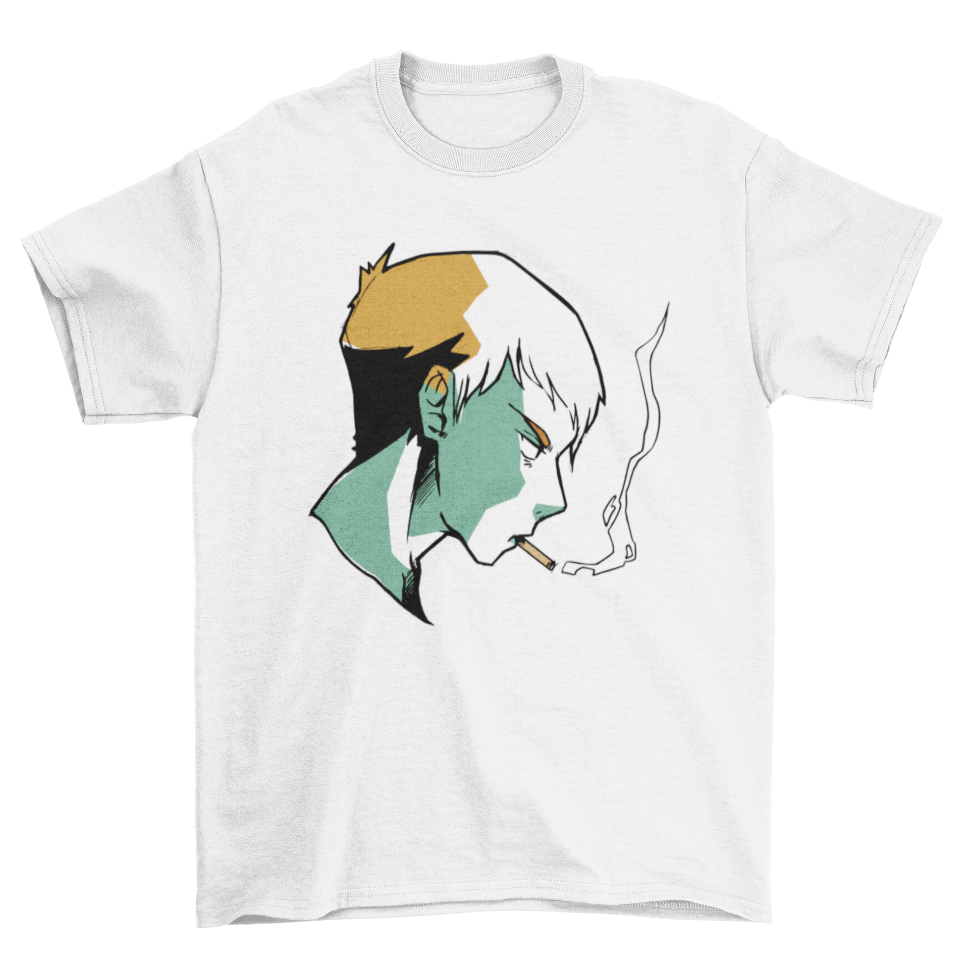 A stylish t-shirt featuring an anime boy smoking a cigarette, showcasing vibrant colors and detailed artwork.