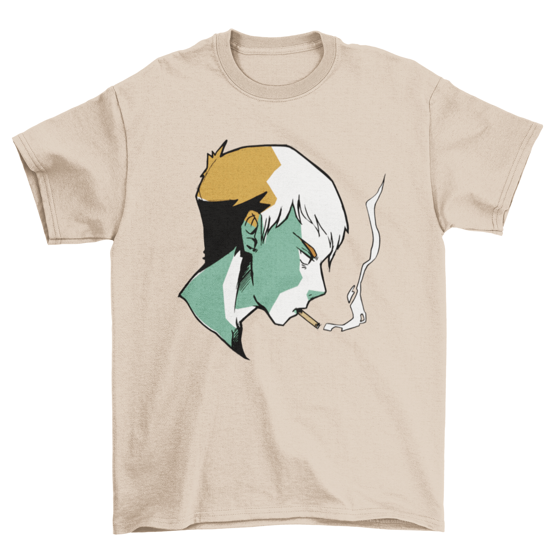 A stylish t-shirt featuring an anime boy smoking a cigarette, showcasing vibrant colors and detailed artwork.